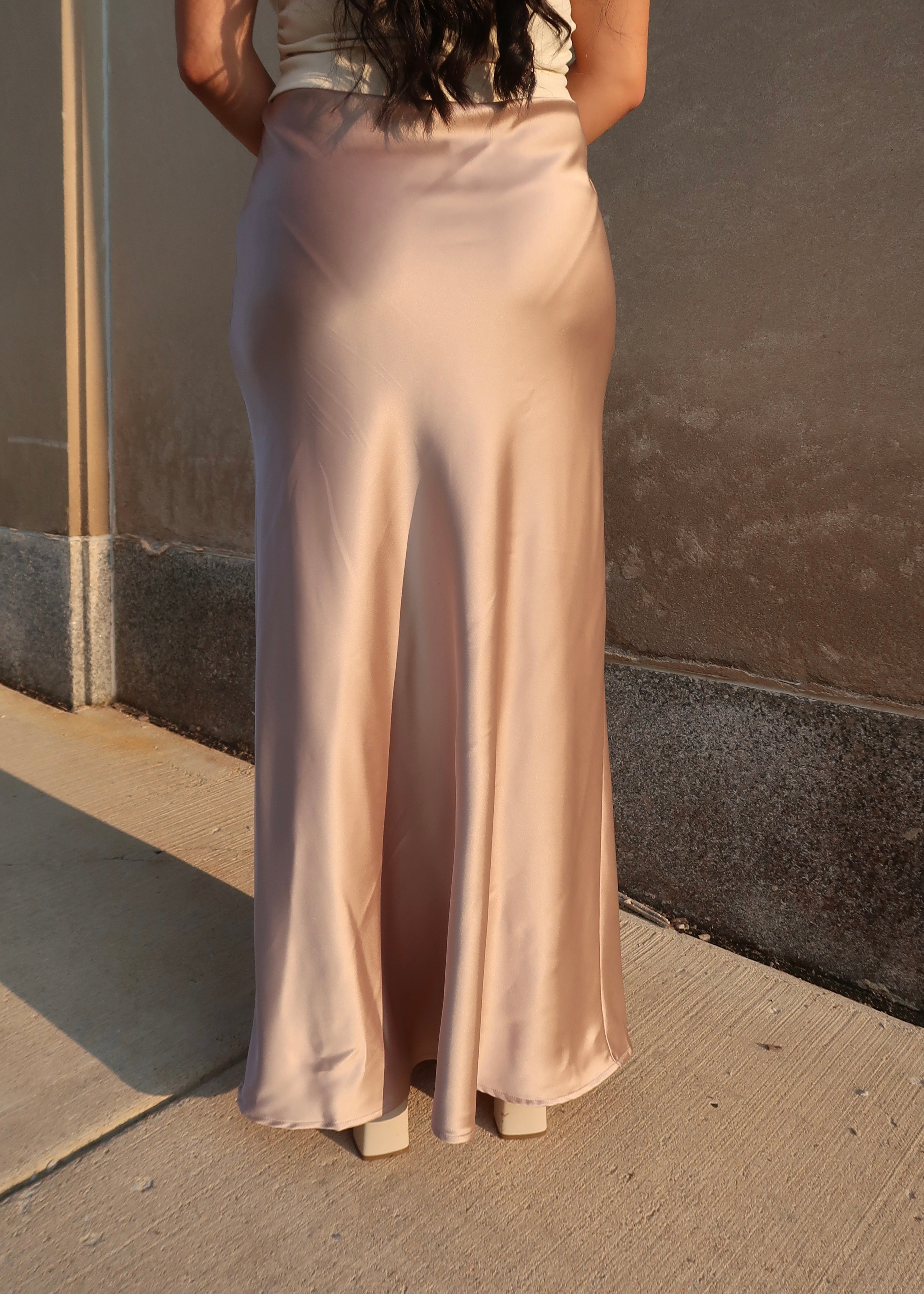 beige maxi satin skirt