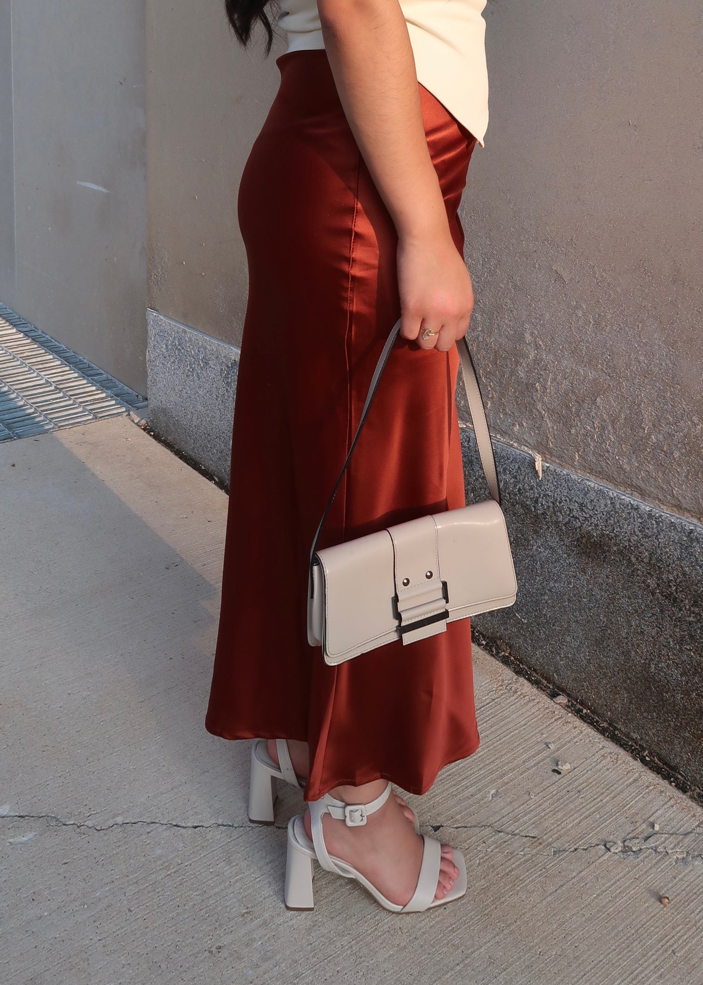 rust orange, dark orange, sienna satin midi skirt