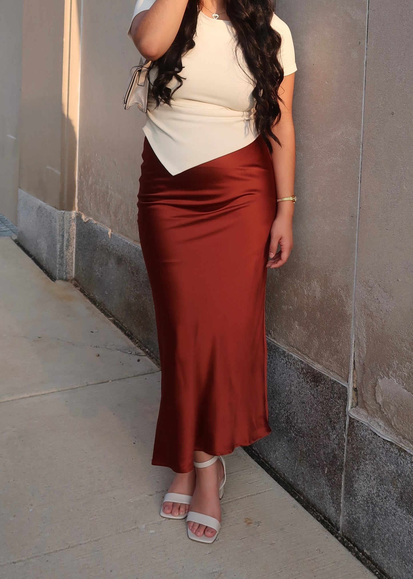 rust orange, dark orange, sienna satin midi skirt