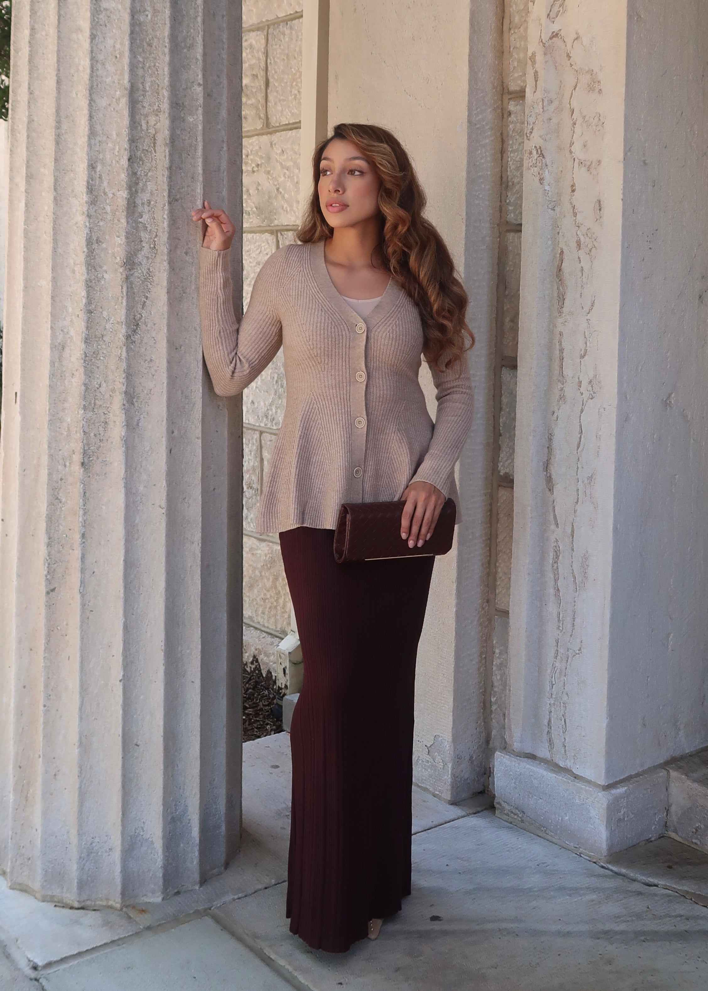 Peplum long sleeve sweater cardigan, button down, v-neck, wheat, neutral