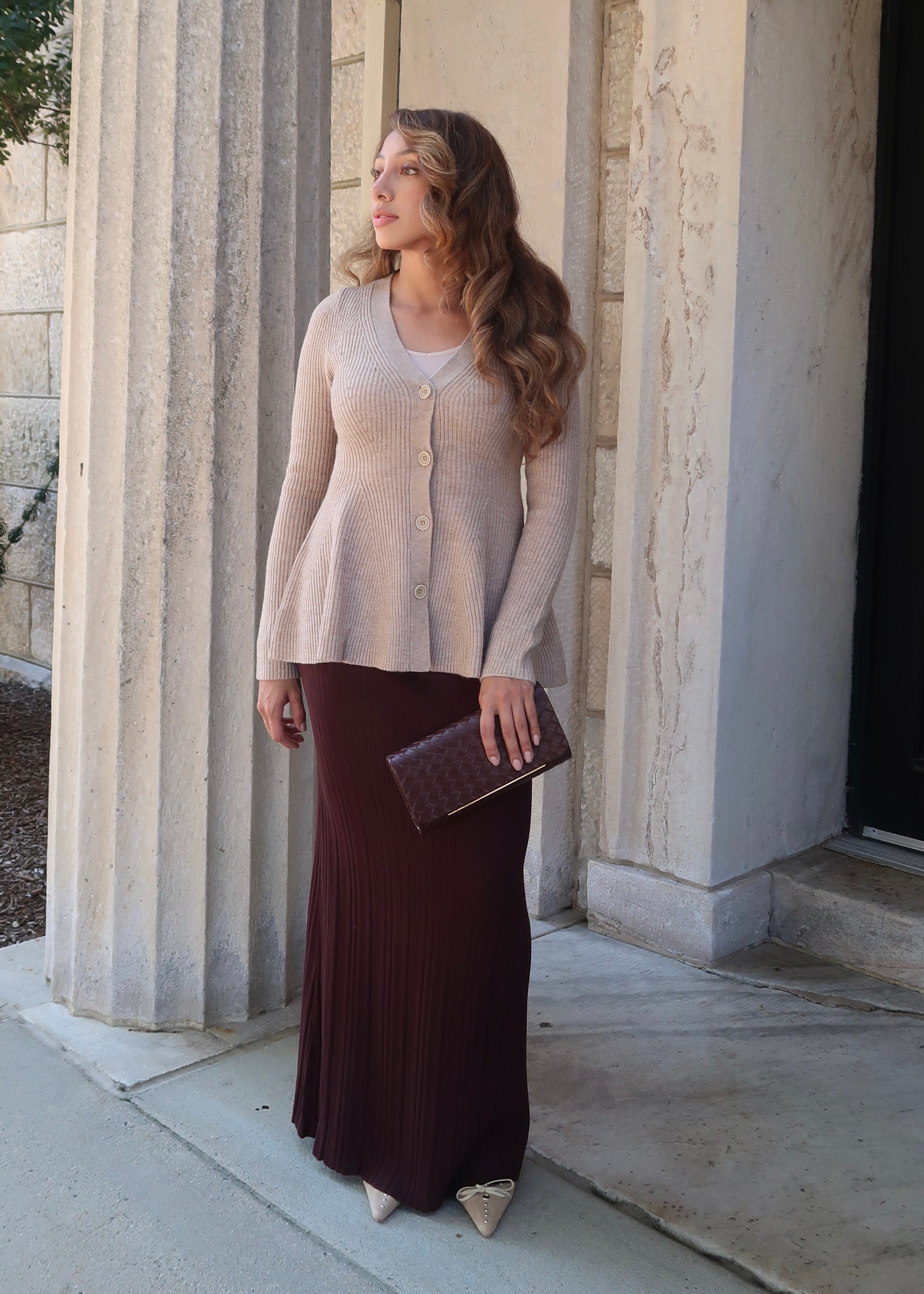 Peplum long sleeve sweater cardigan, button down, v-neck, wheat, neutral