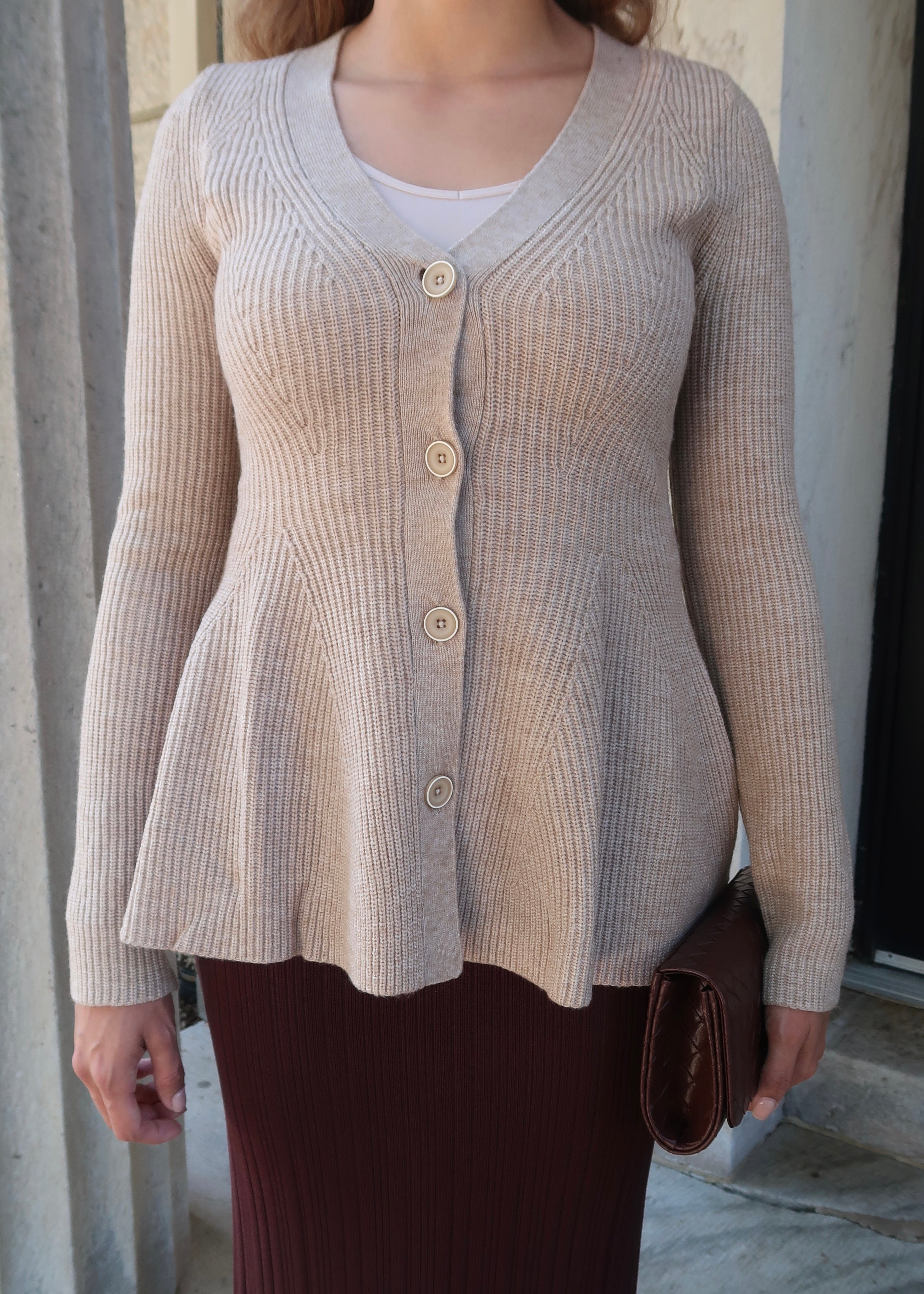 Peplum long sleeve sweater cardigan, button down, v-neck, wheat, neutral