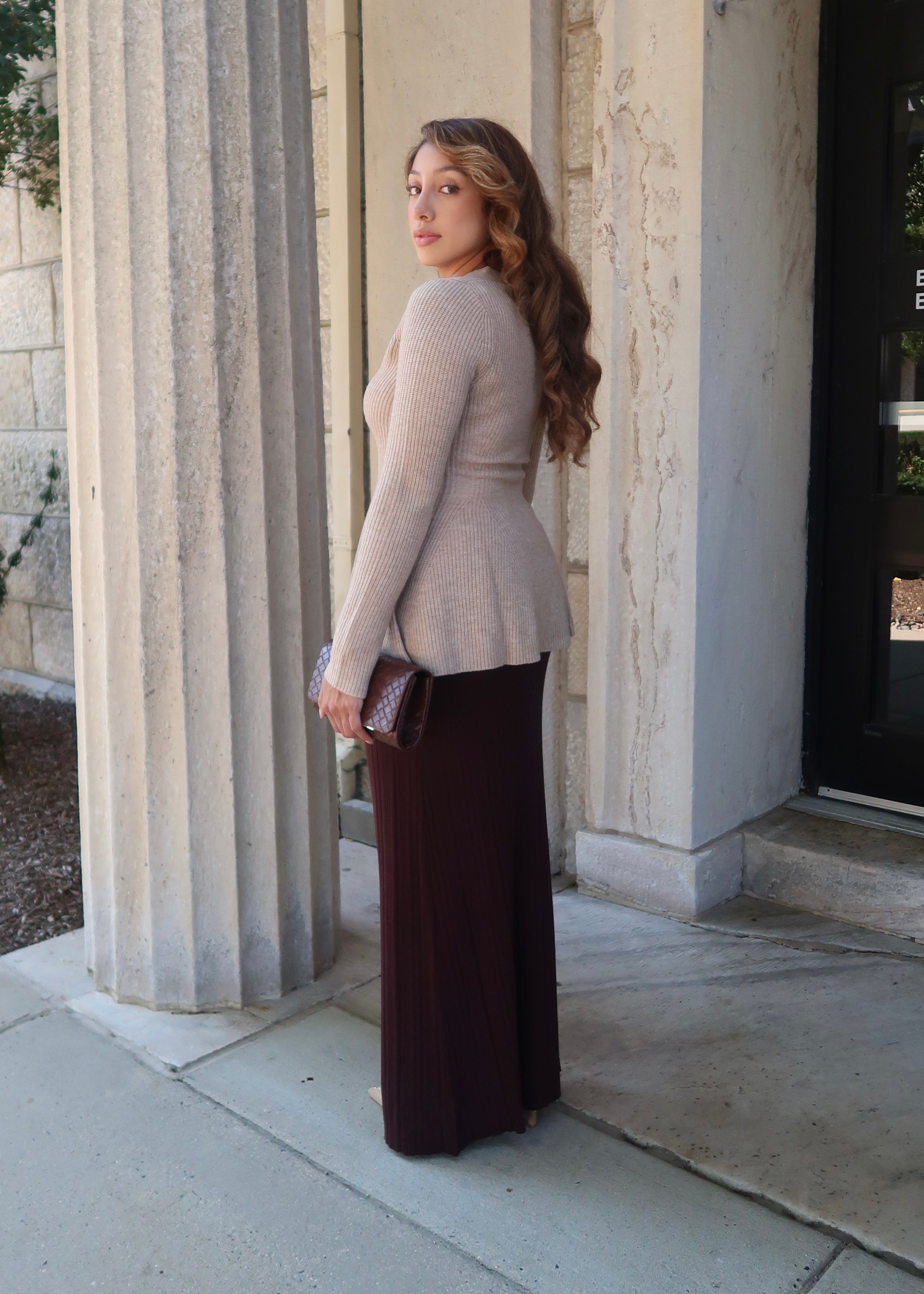 Peplum long sleeve sweater cardigan, button down, v-neck, wheat, neutral