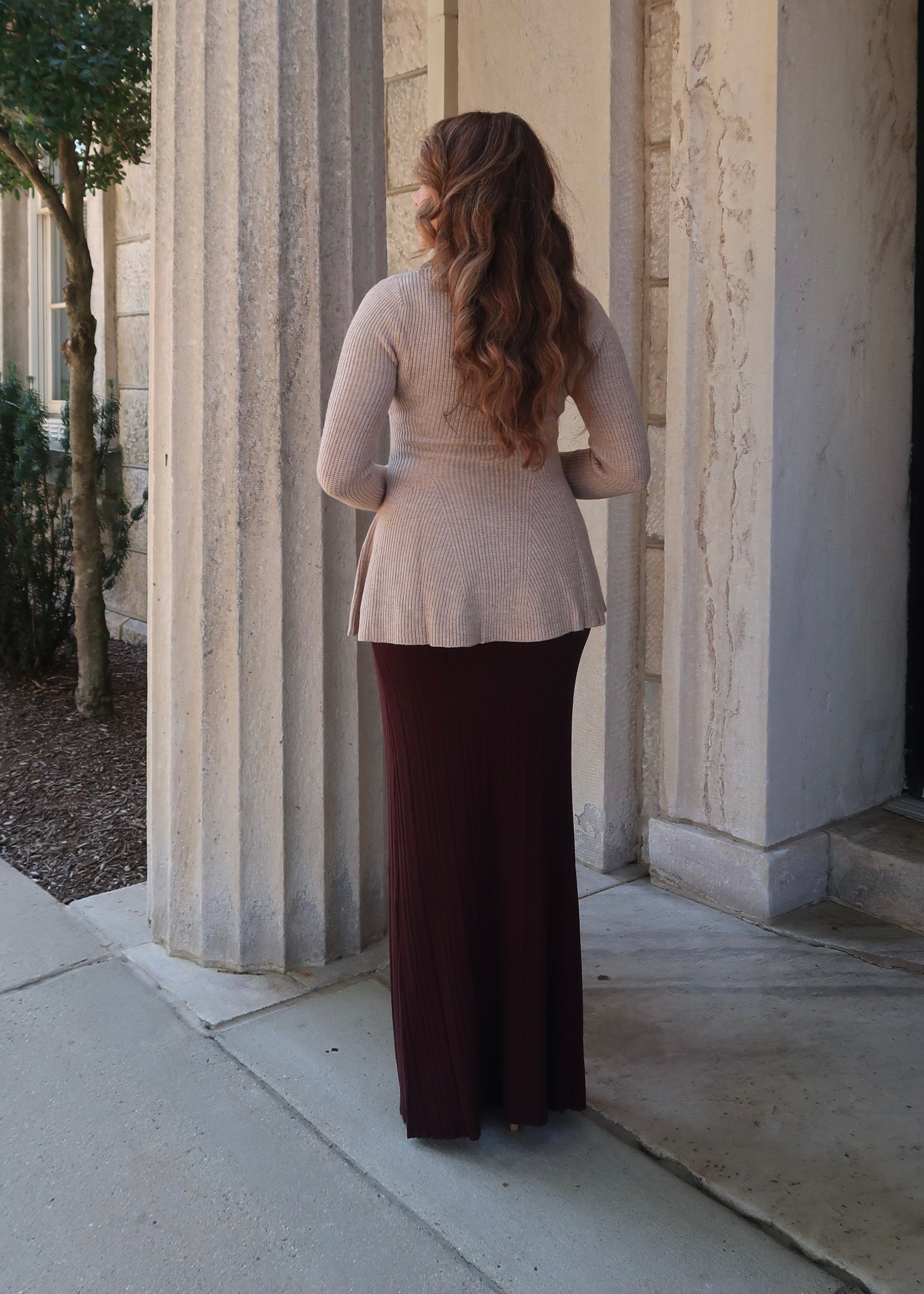 Peplum long sleeve sweater cardigan, button down, v-neck, wheat, neutral