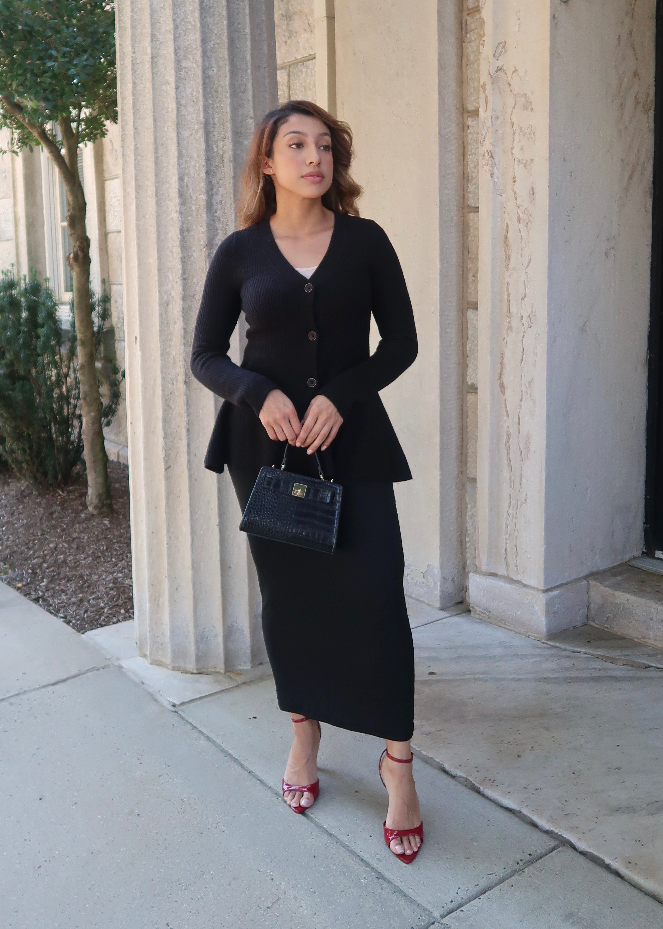 black peplum long sleeve cardigan sweater, button down, v-neck