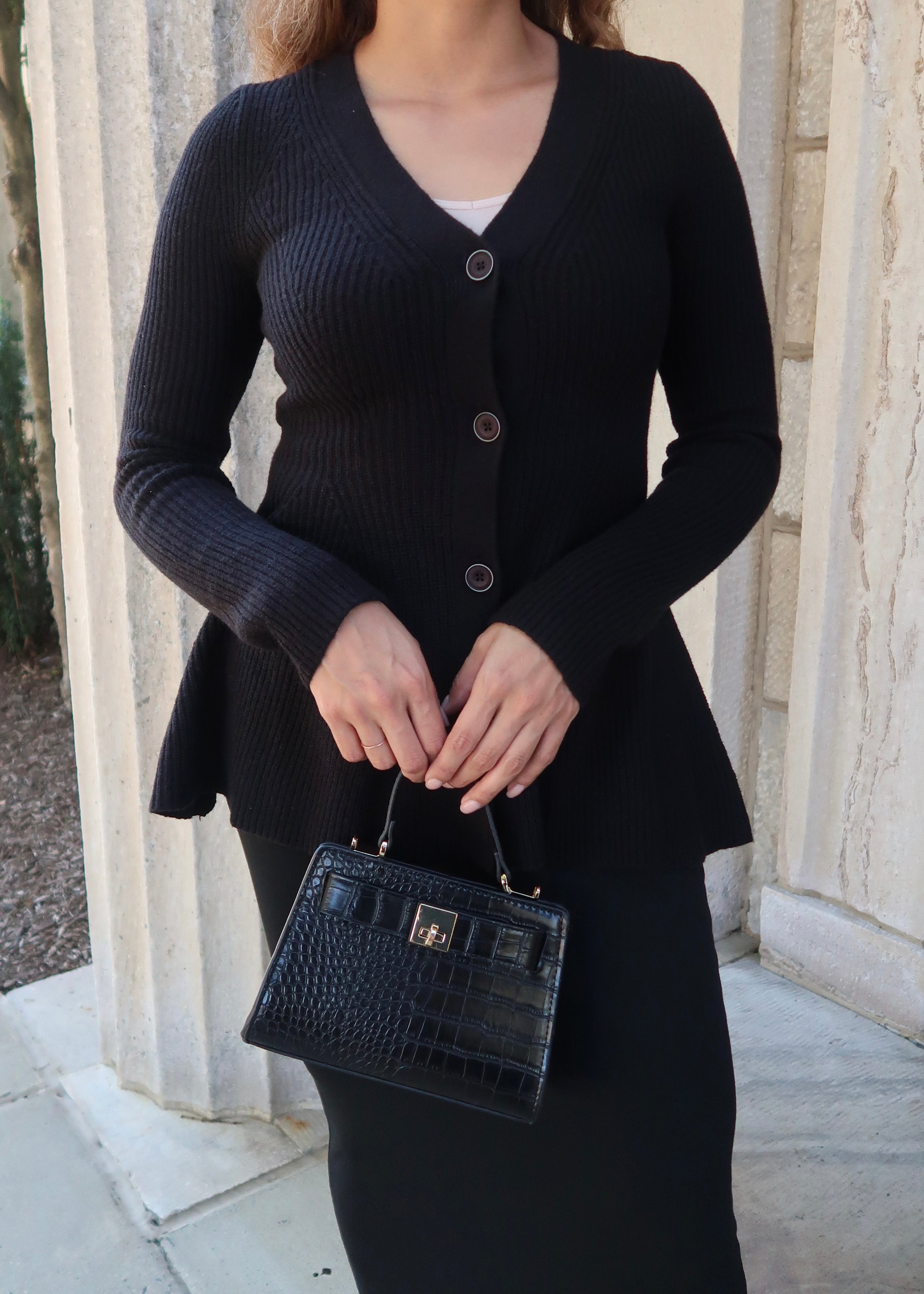 black peplum long sleeve cardigan sweater, button down, v-neck