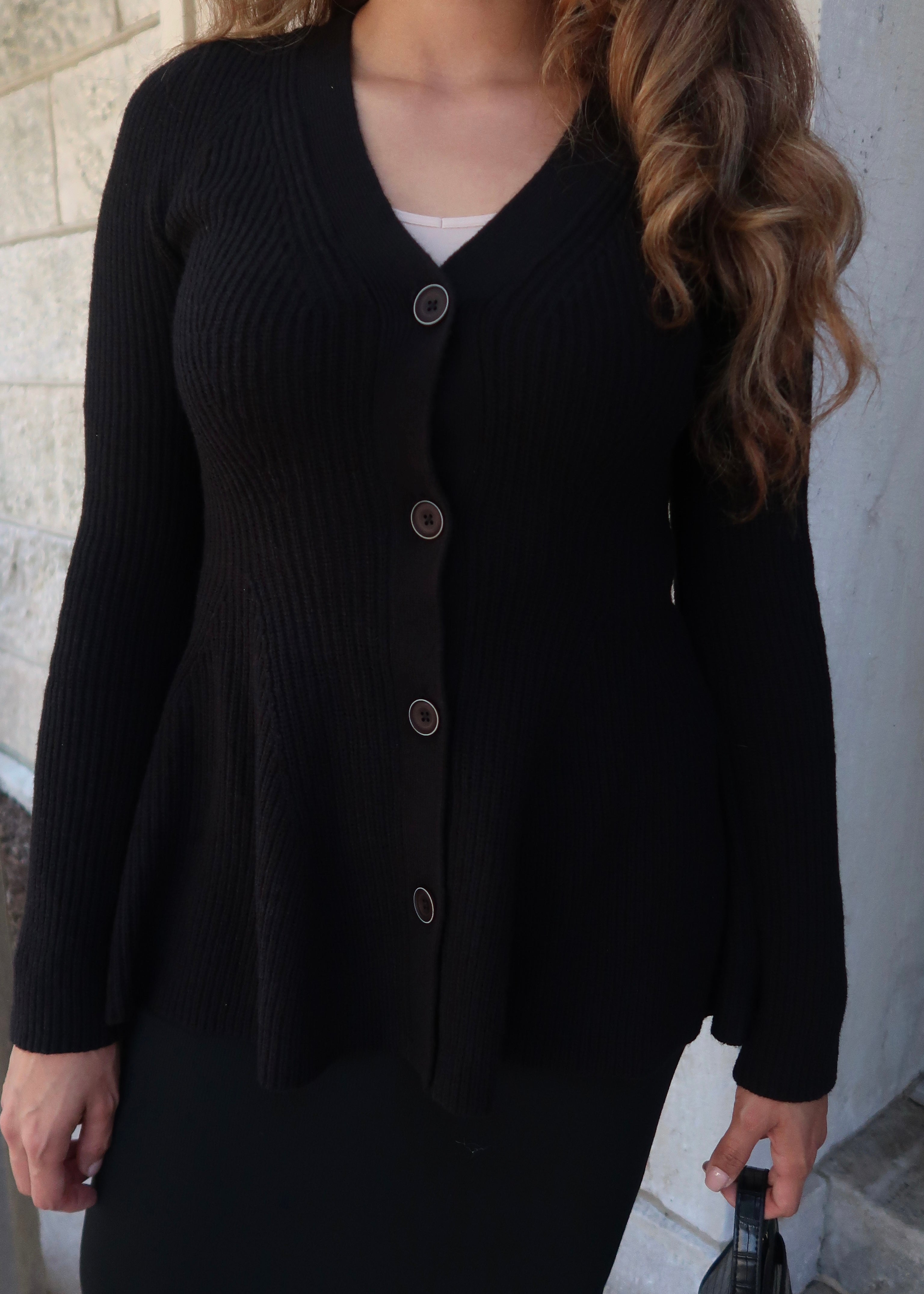 black peplum long sleeve cardigan sweater, button down, v-neck