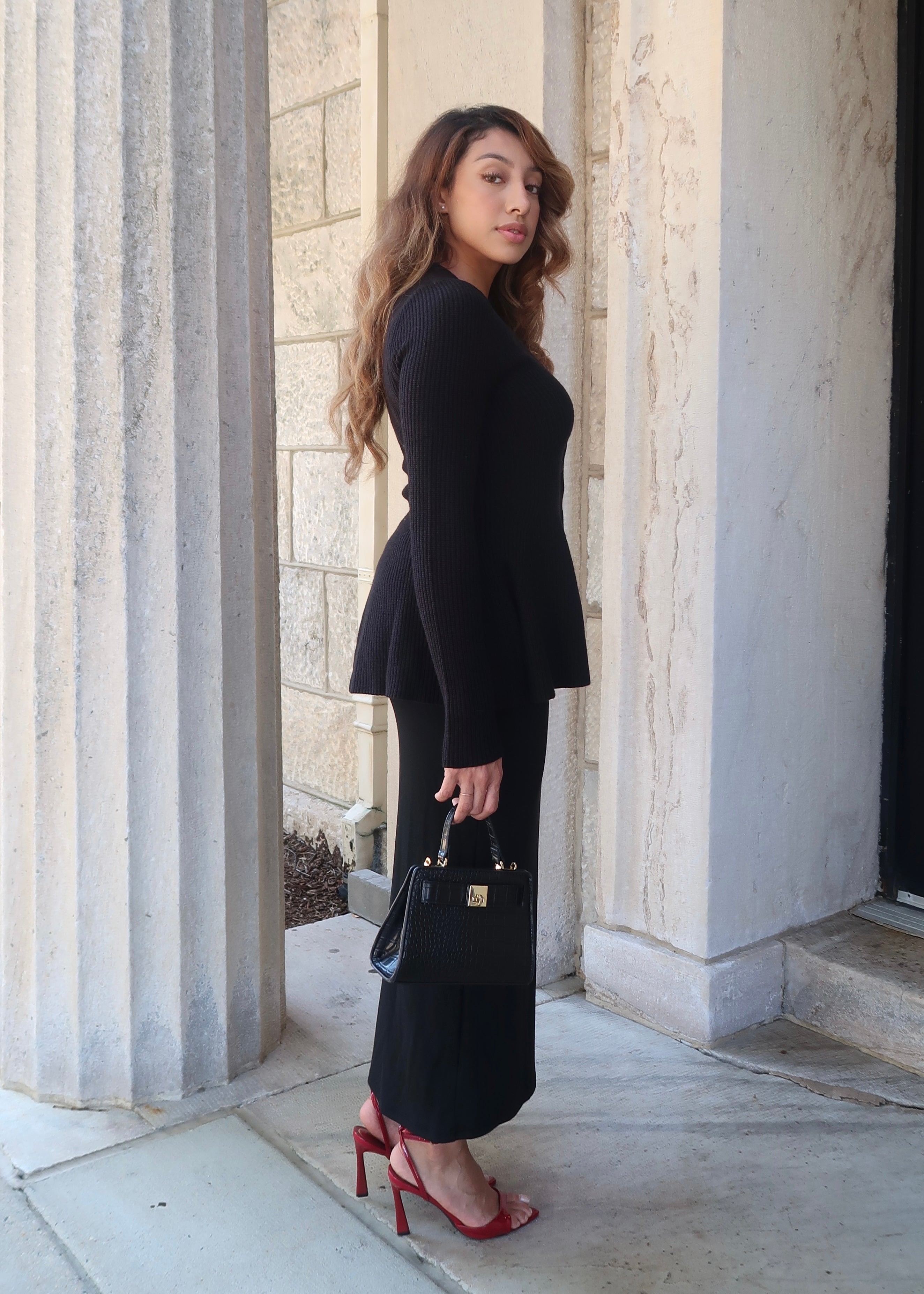 black peplum long sleeve cardigan sweater, button down, v-neck