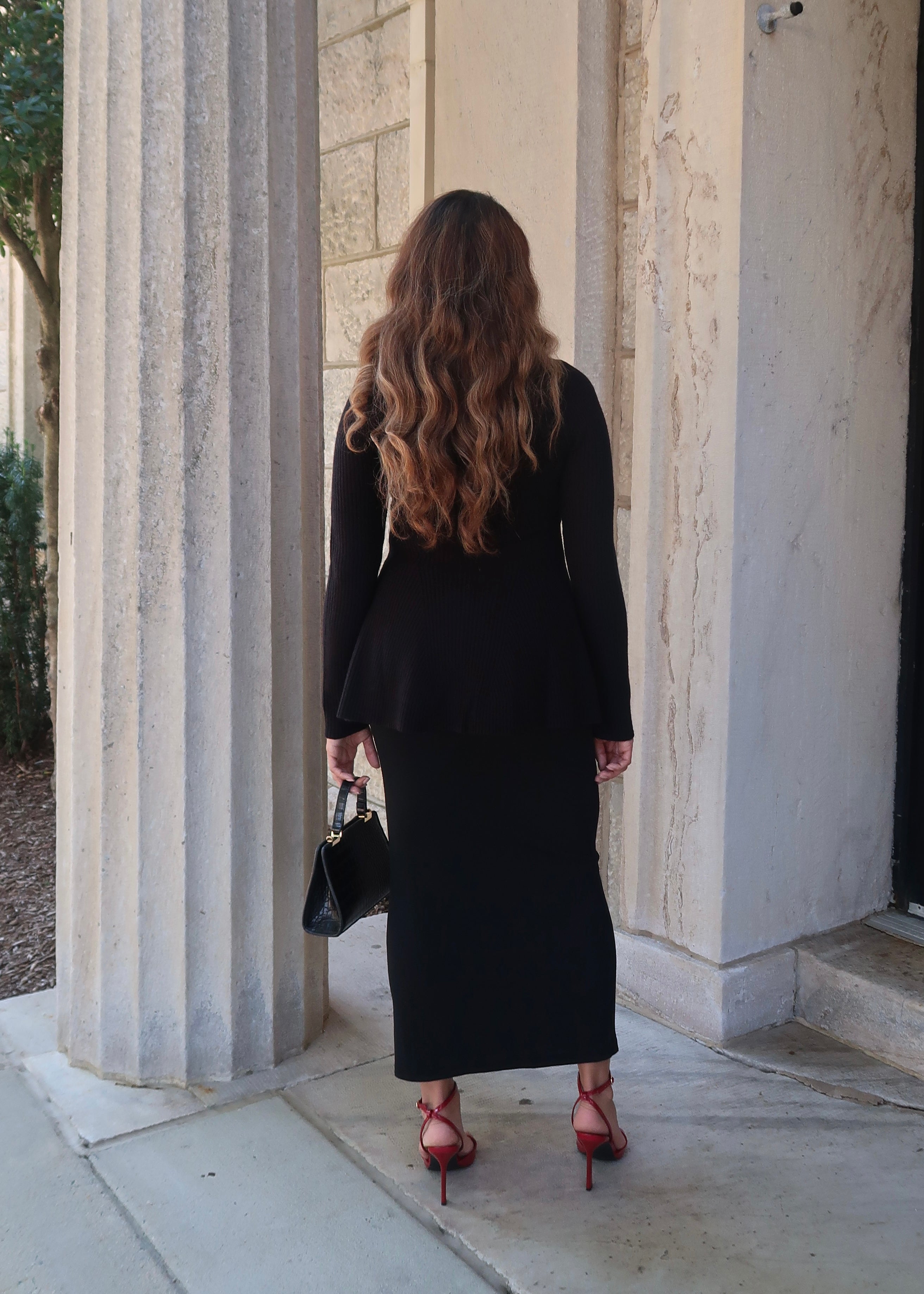 black peplum long sleeve cardigan sweater, button down, v-neck