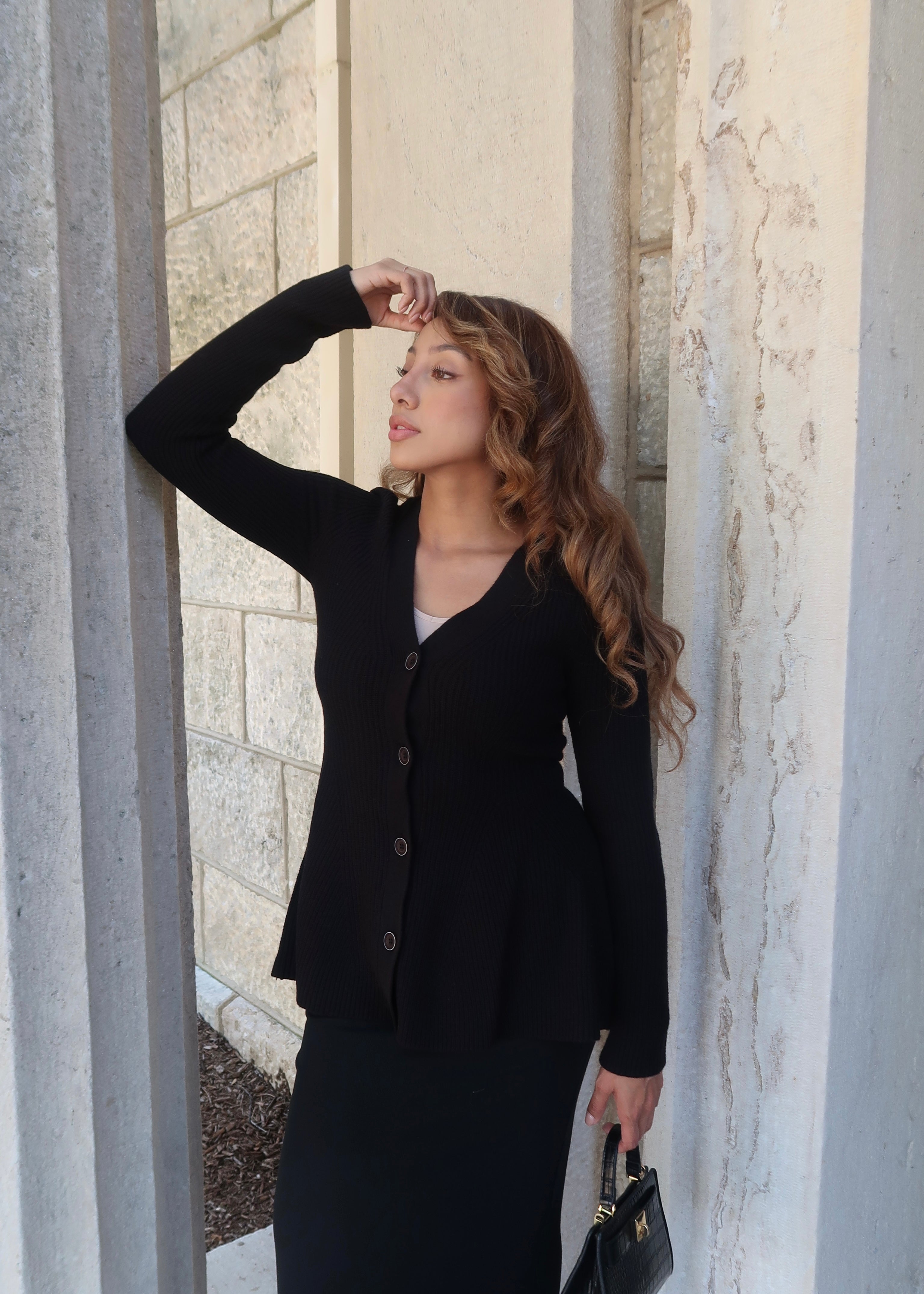 black peplum long sleeve cardigan sweater, button down, v-neck