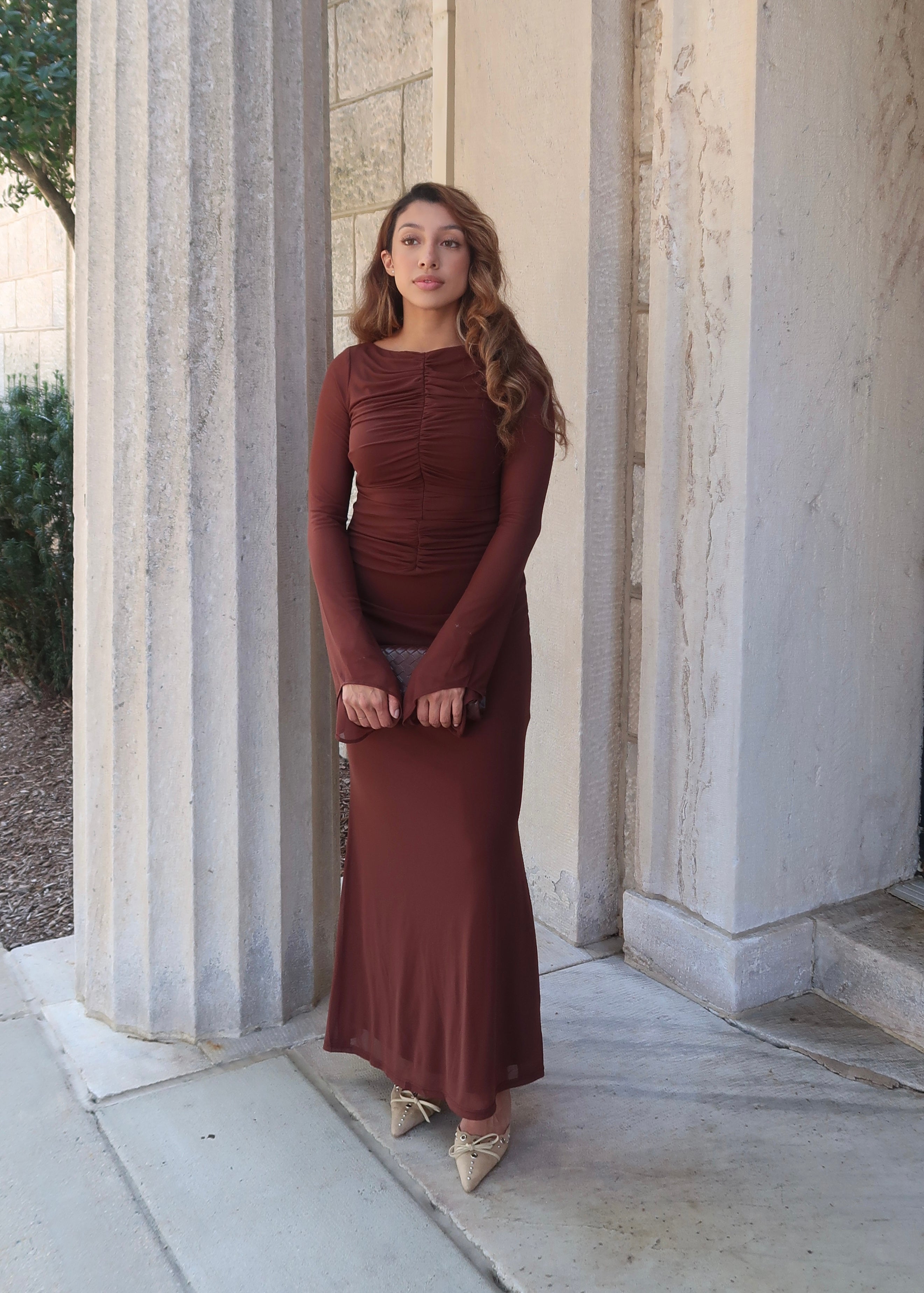 brown satin maxi dress, mesh, see through sleeves, flare sleeves, ruched