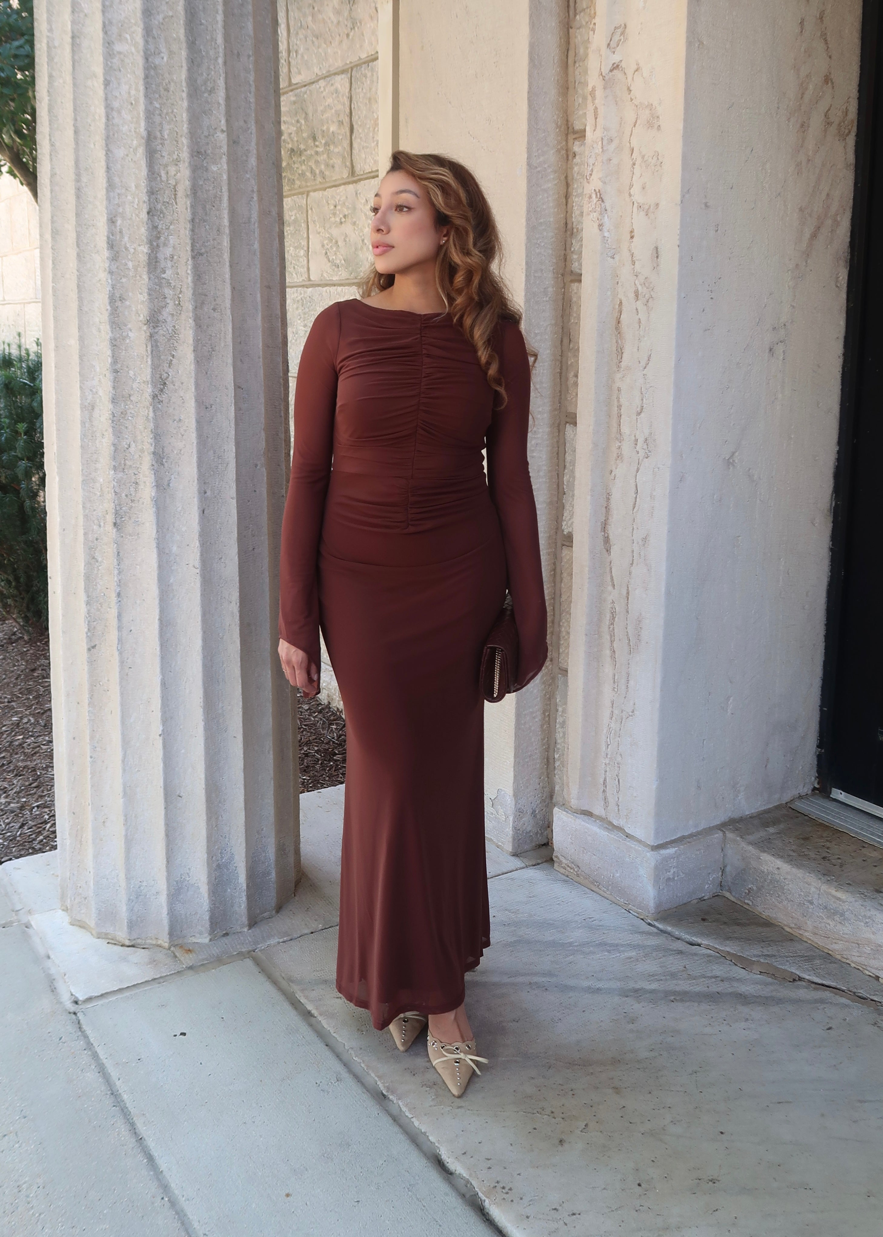 brown satin maxi dress, mesh, see through sleeves, flare sleeves, ruched