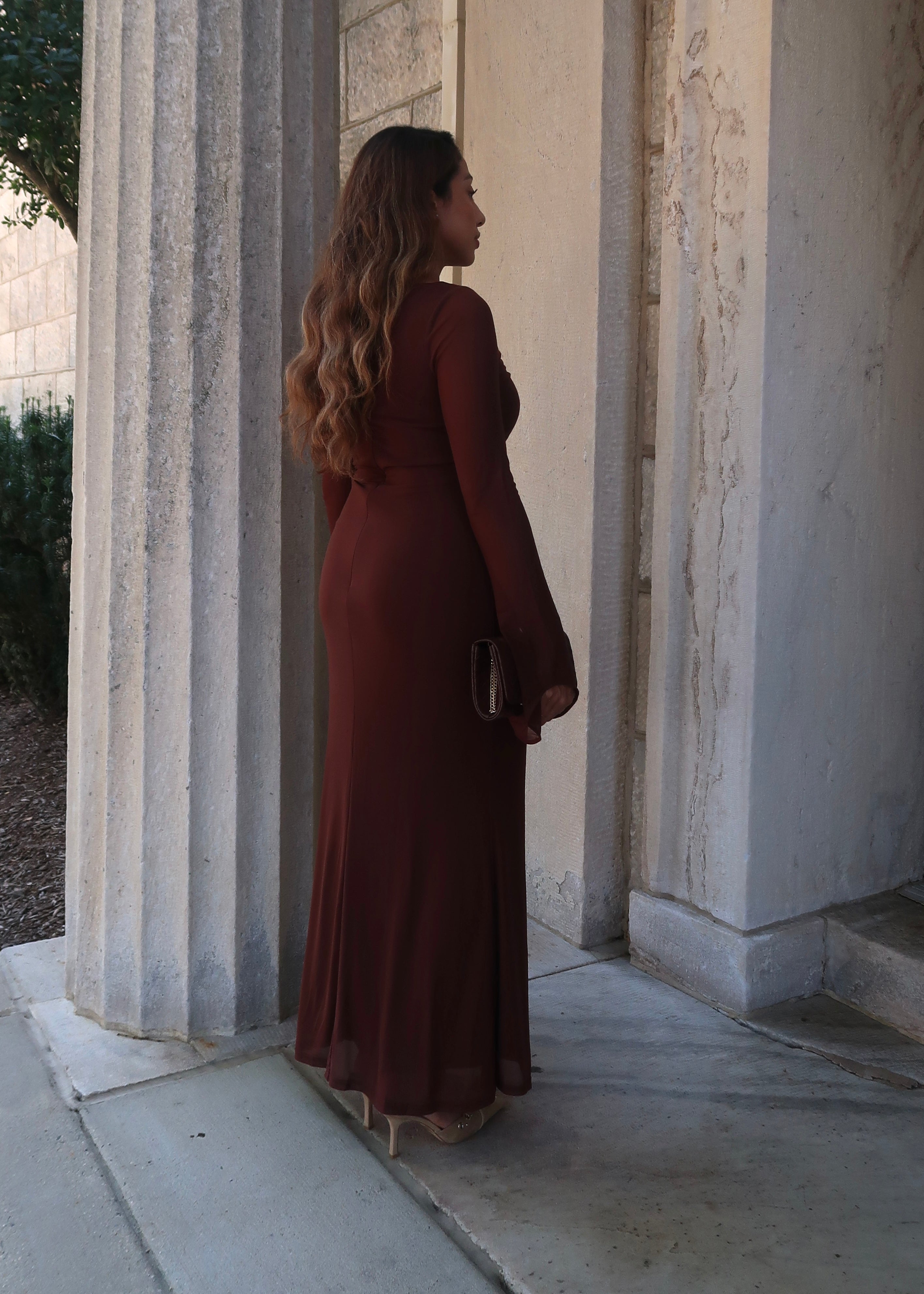 brown satin maxi dress, mesh, see through sleeves, flare sleeves, ruched