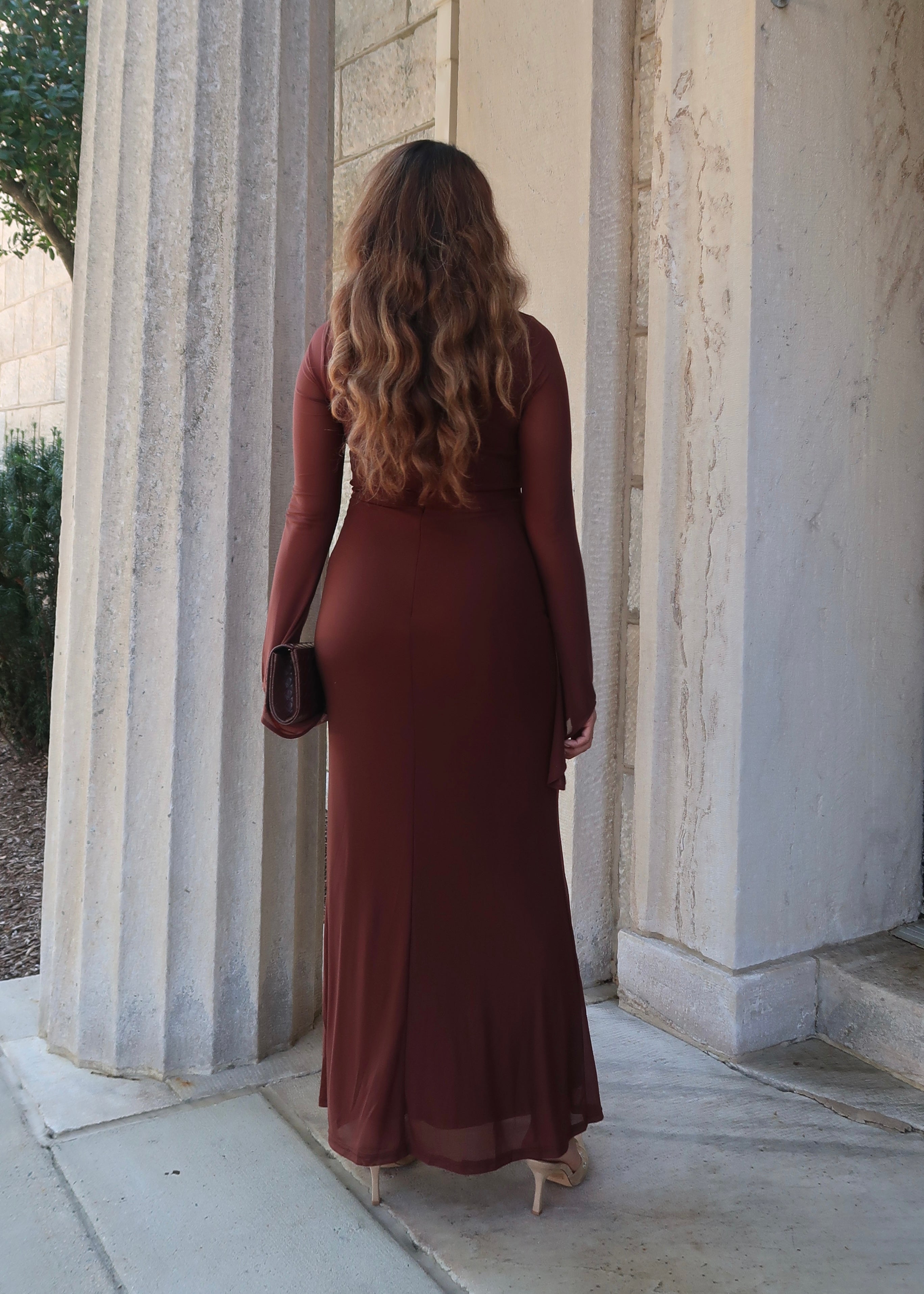 brown satin maxi dress, mesh, see through sleeves, flare sleeves, ruched