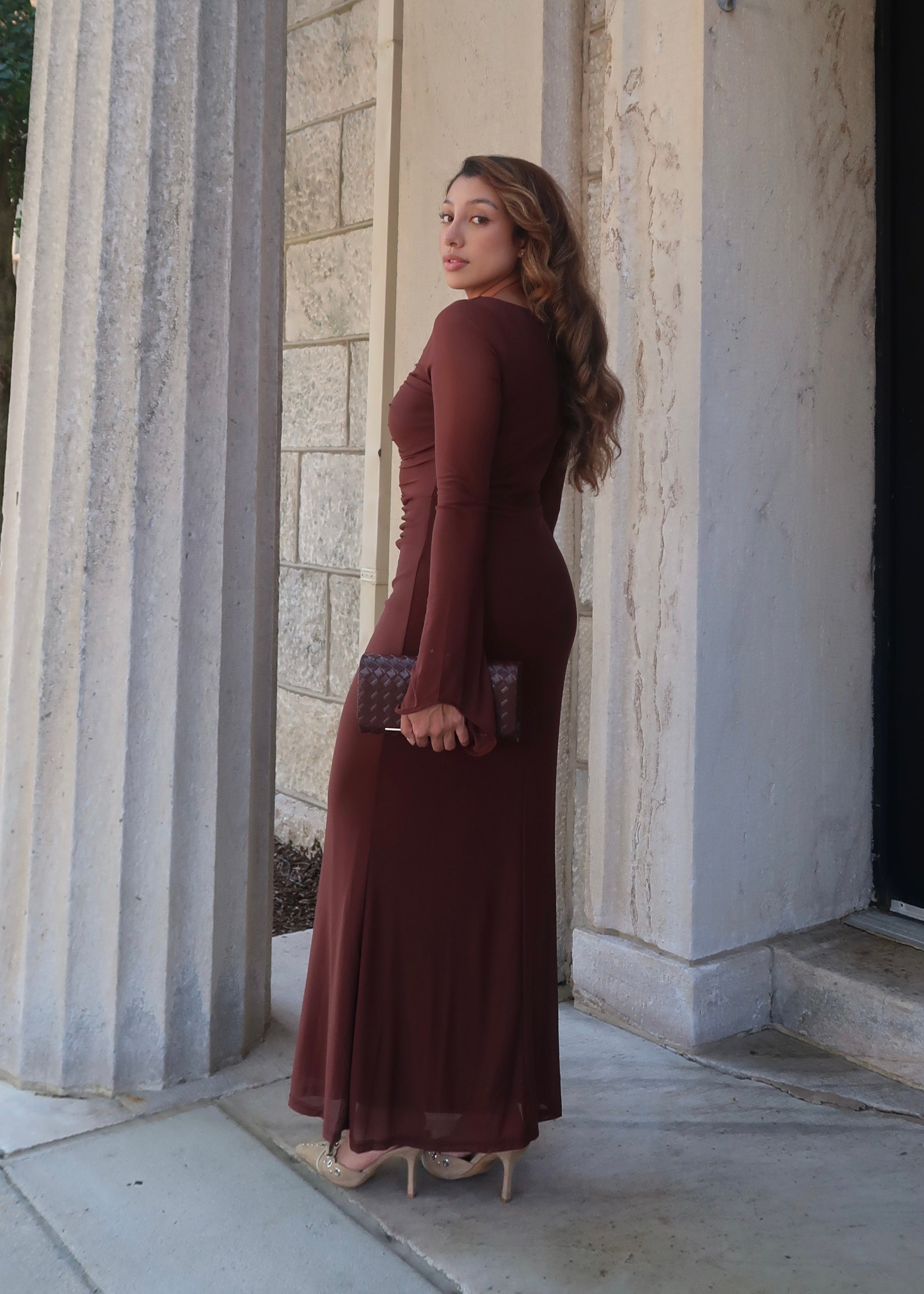 brown satin maxi dress, mesh, see through sleeves, flare sleeves, ruched