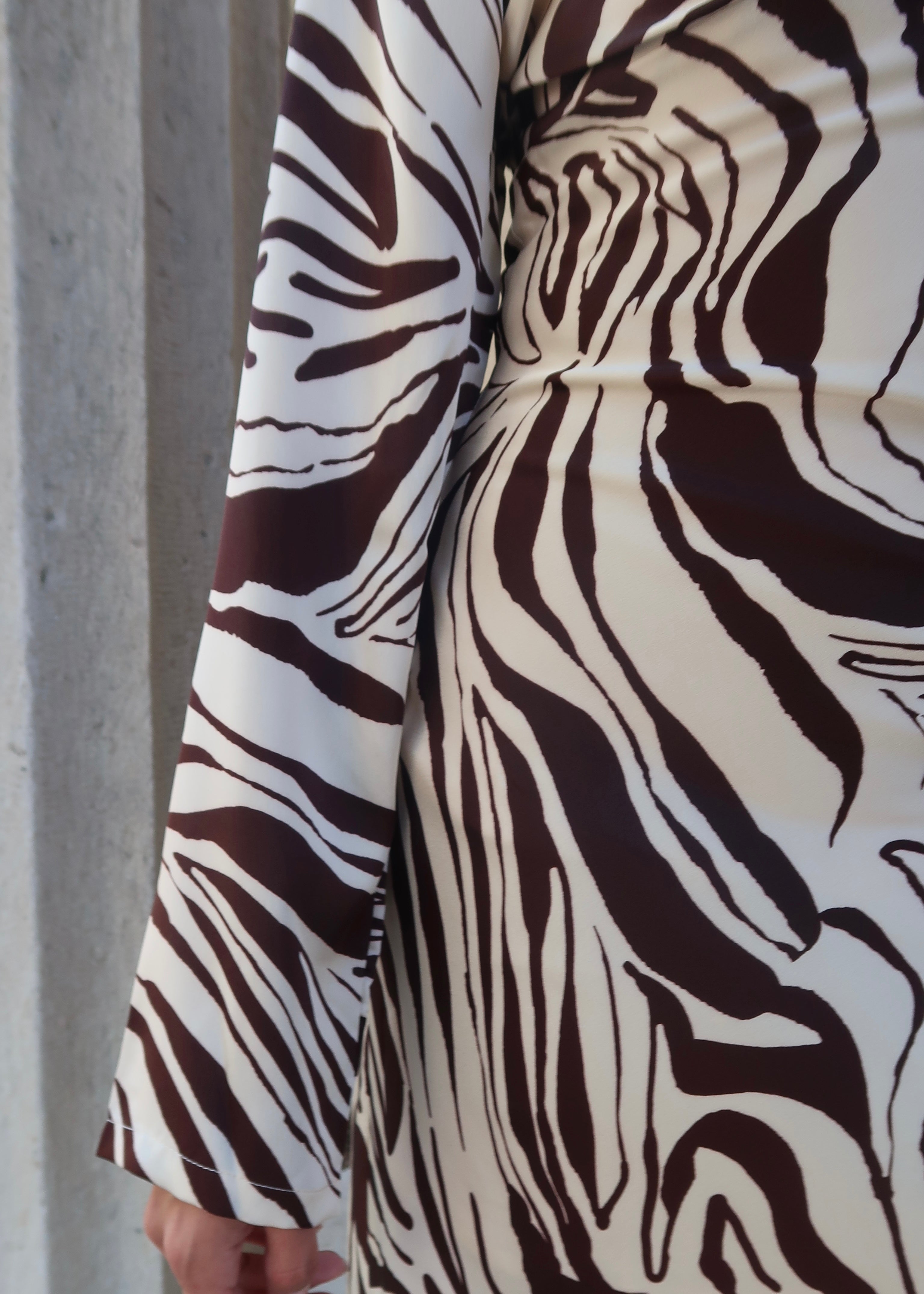 Brown and cream zebra print midi dress, long sleeve, v-neck