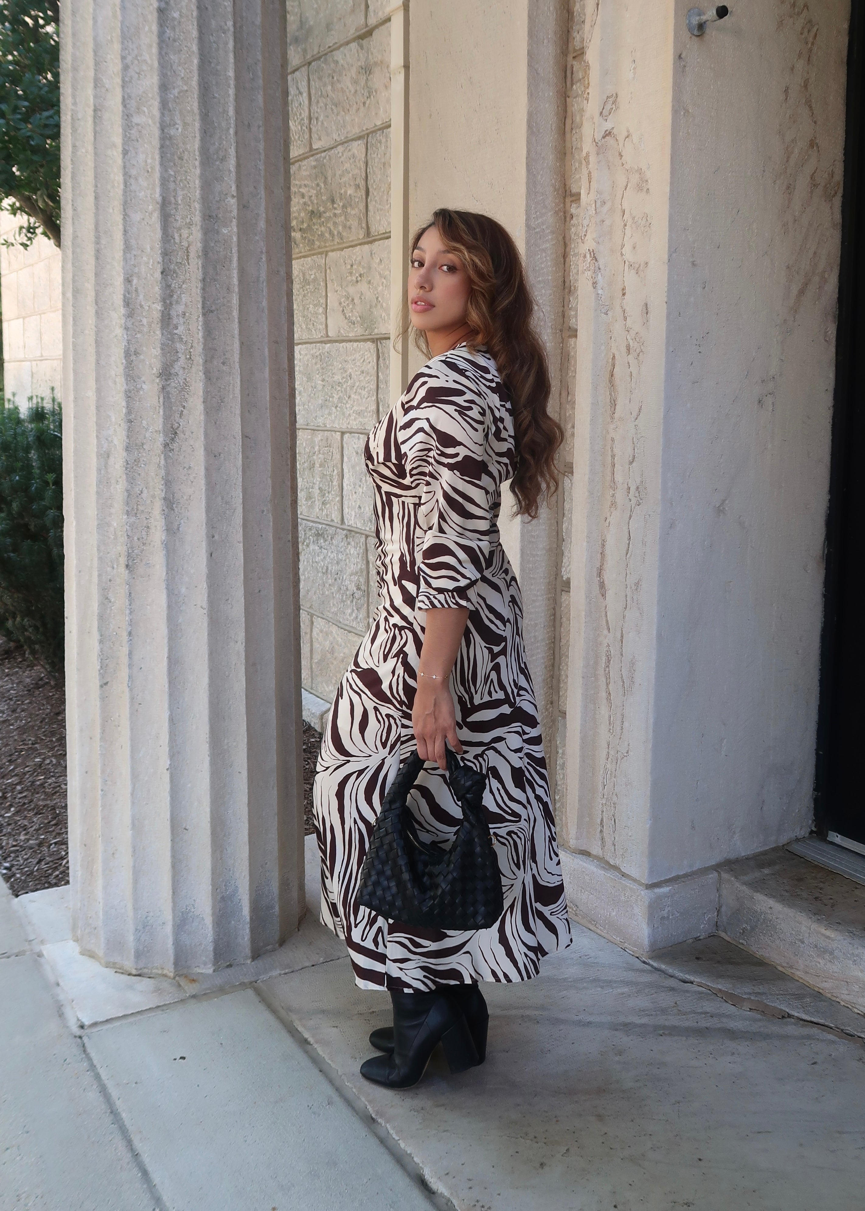 Brown and cream zebra print midi dress, long sleeve, v-neck