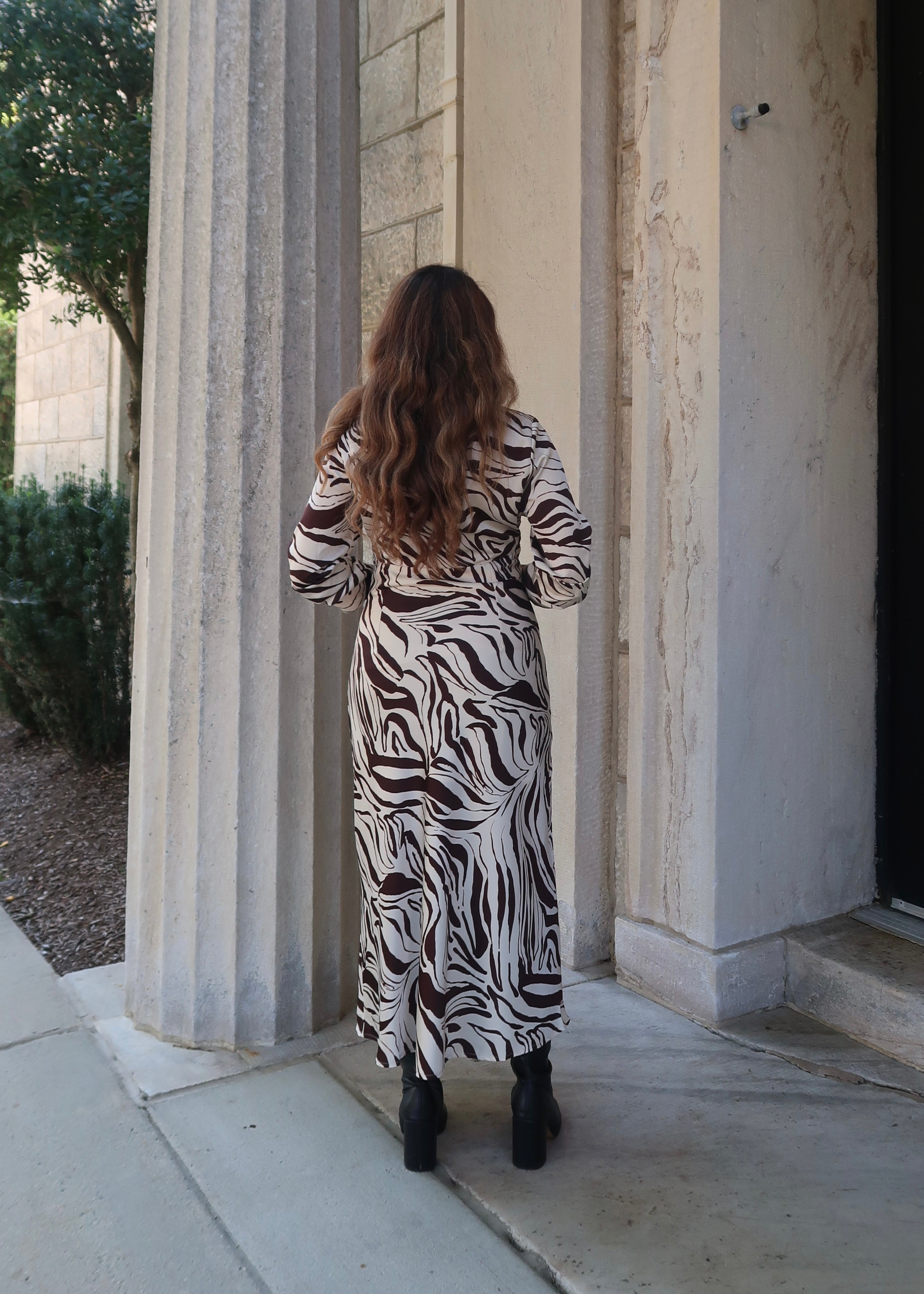 Brown and cream zebra print midi dress, long sleeve, v-neck