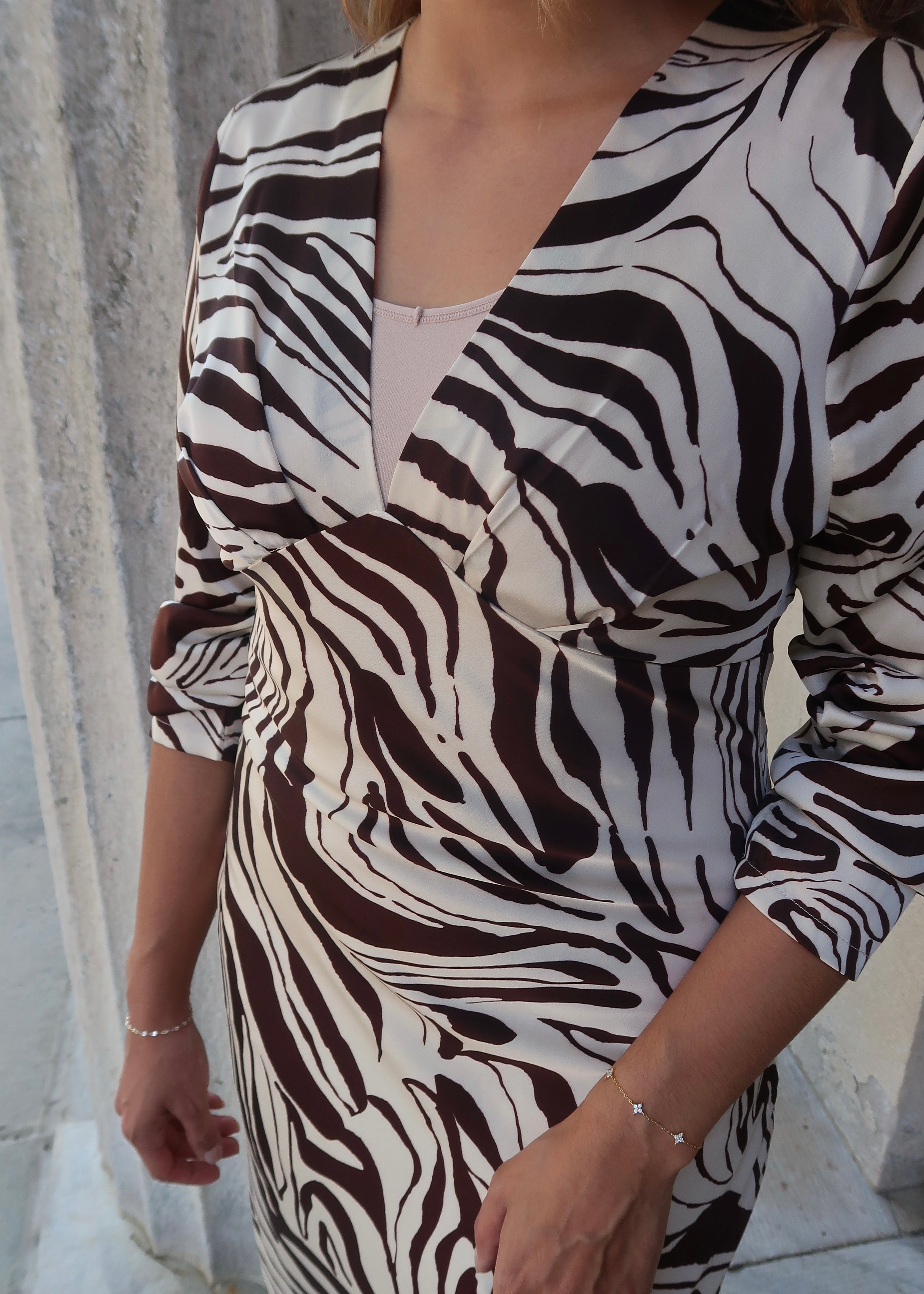 Brown and cream zebra print midi dress, long sleeve, v-neck