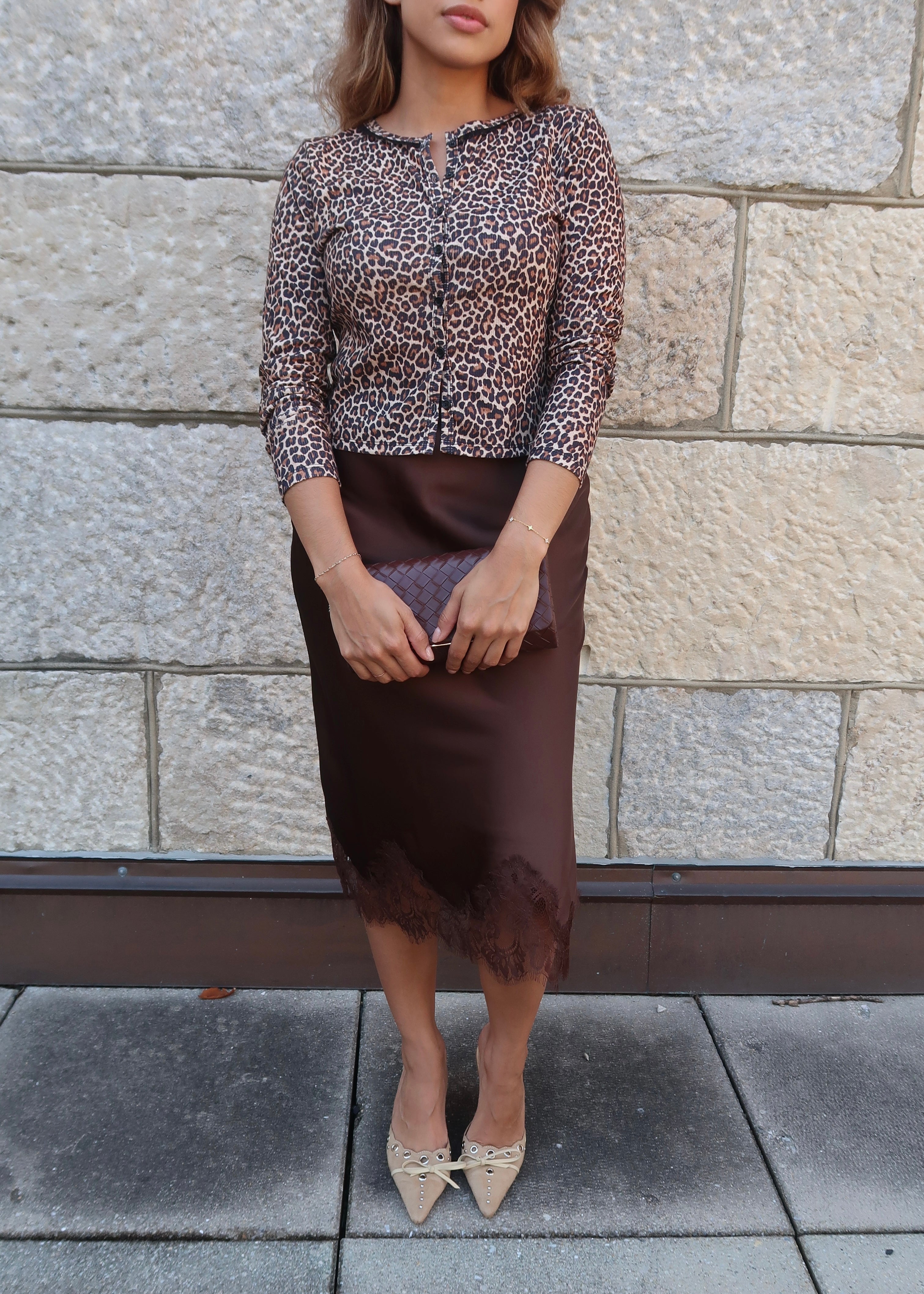brown satin midi skirt, lace, slit