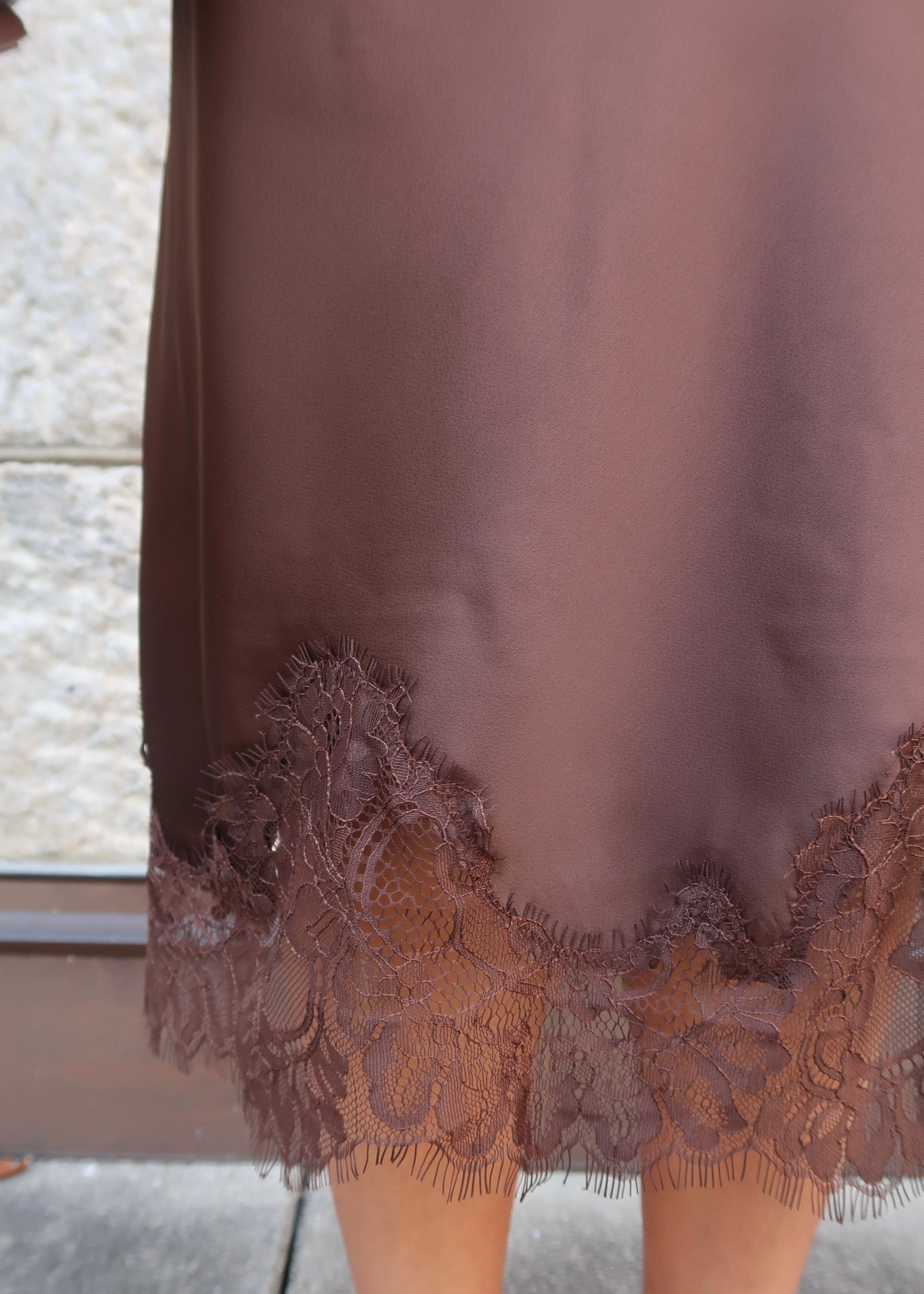 brown satin midi skirt, lace, slit