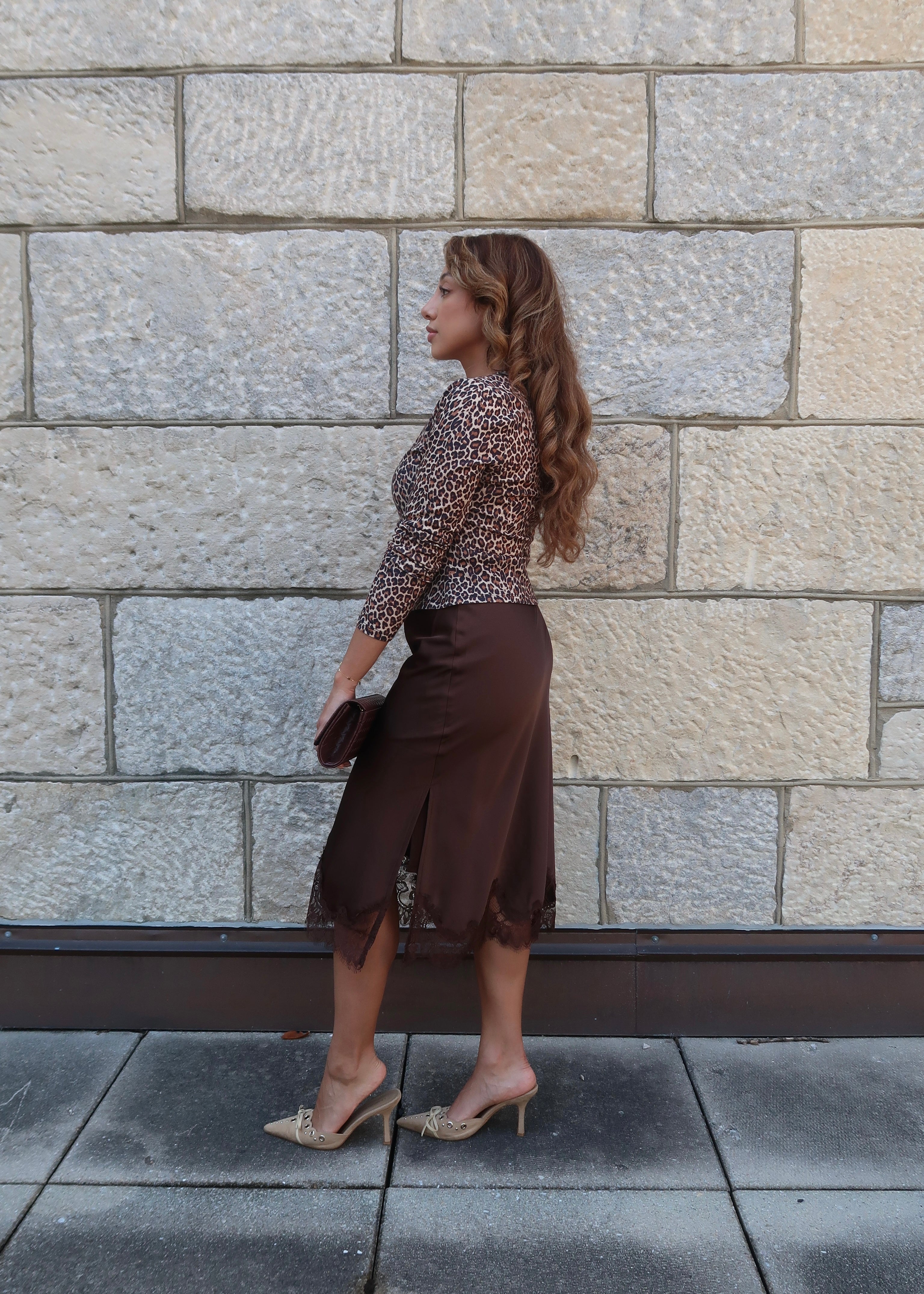 brown satin midi skirt, lace, slit