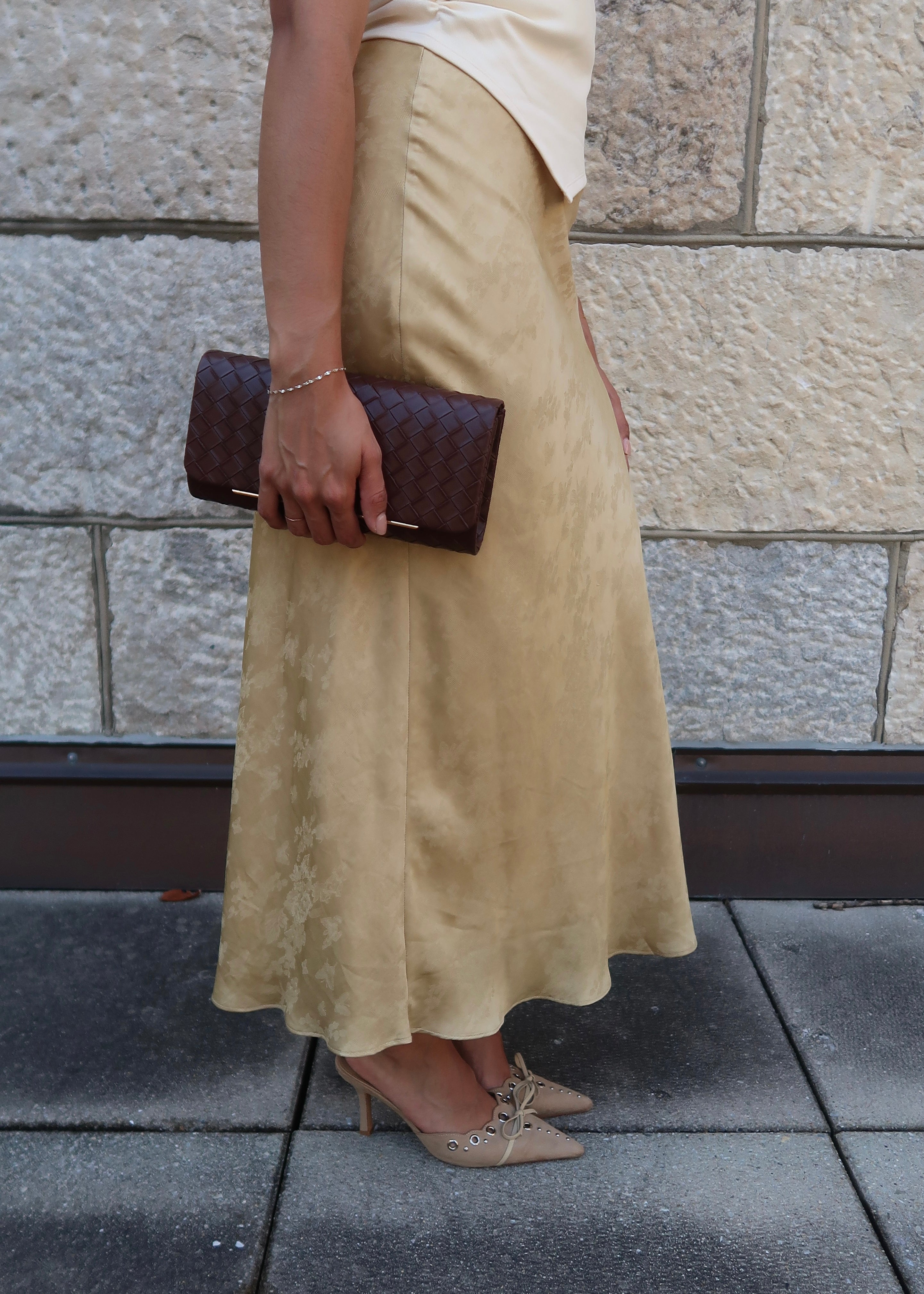 mustard maxi length jacquard print satin skirt