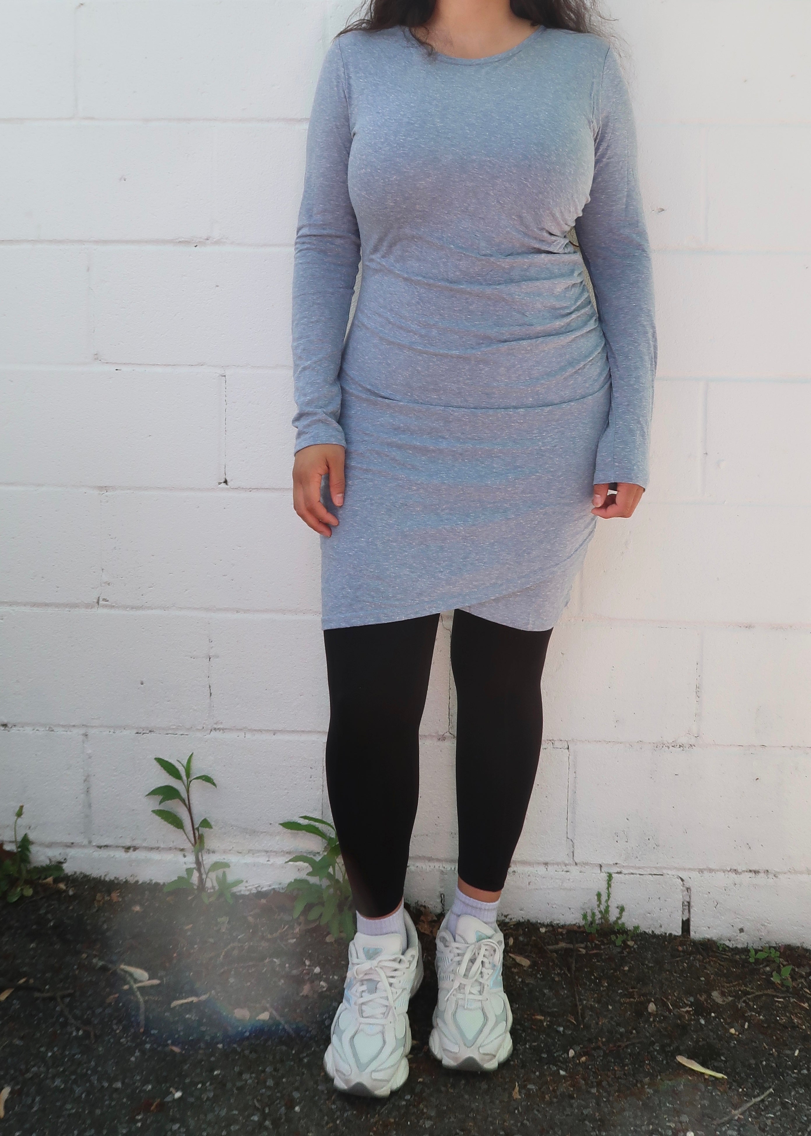 blue long sleeve top dress, ruched, asymmetrical hem, mini length