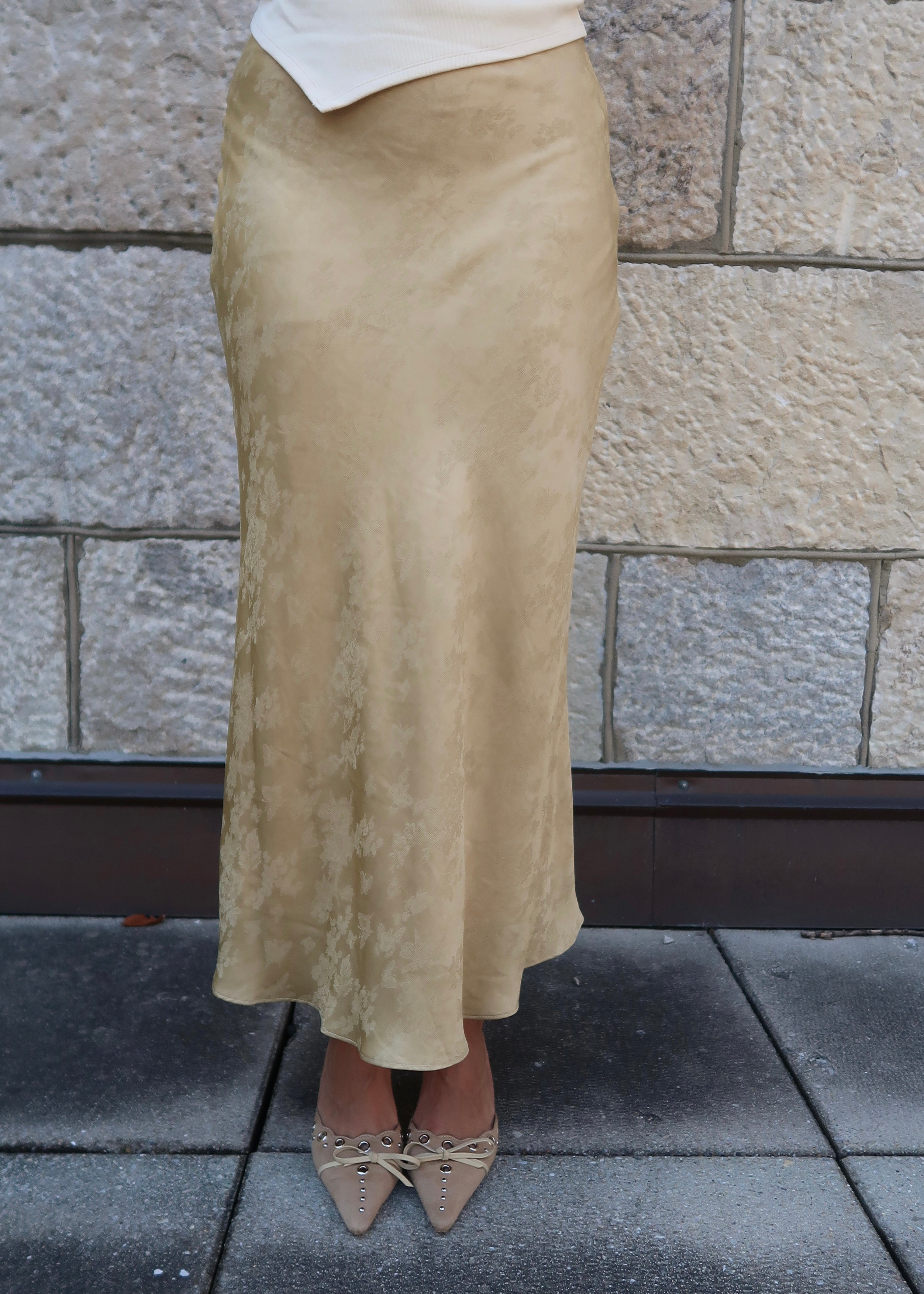 mustard maxi length jacquard print satin skirt