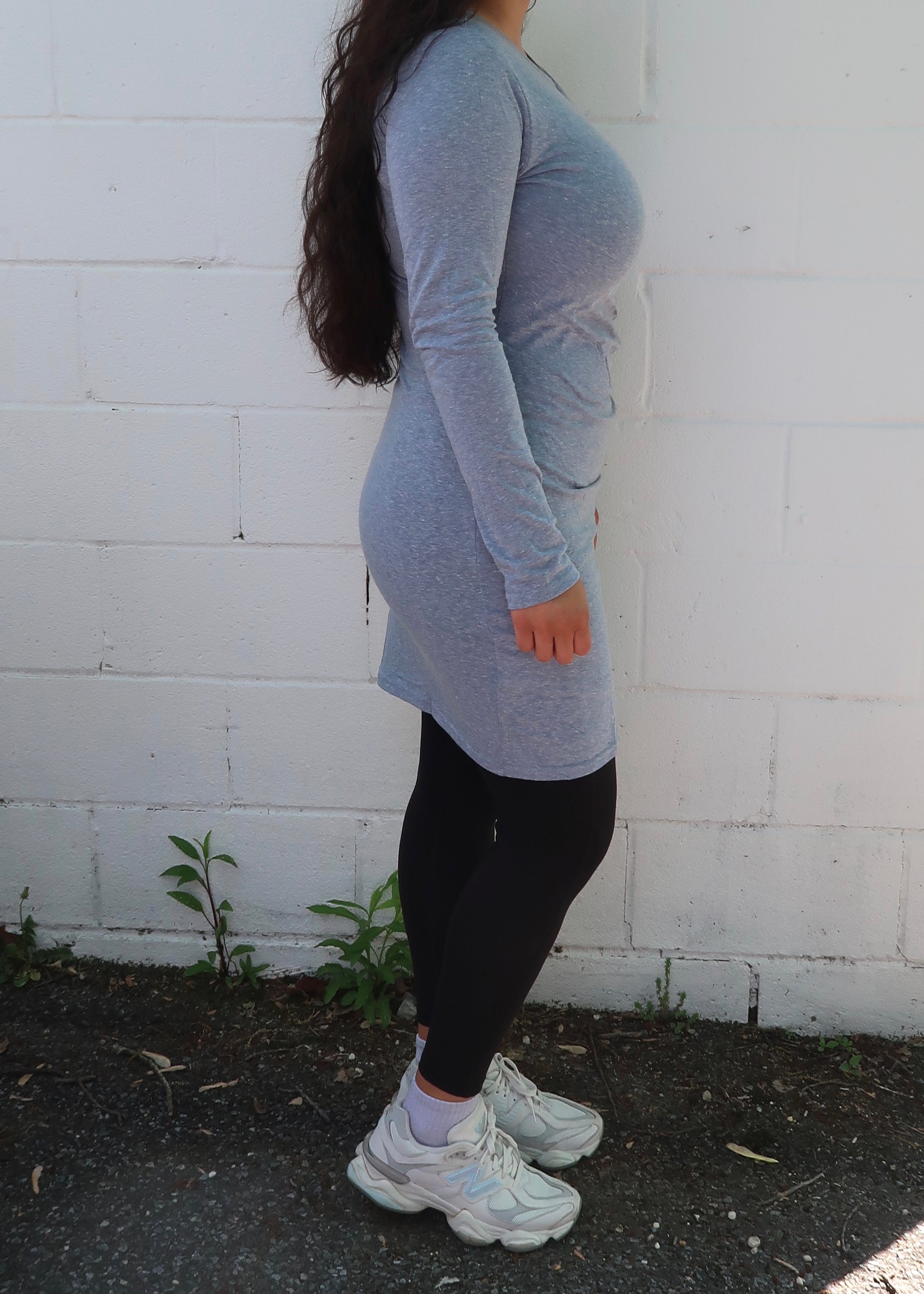 blue long sleeve top dress, ruched, asymmetrical hem, mini length