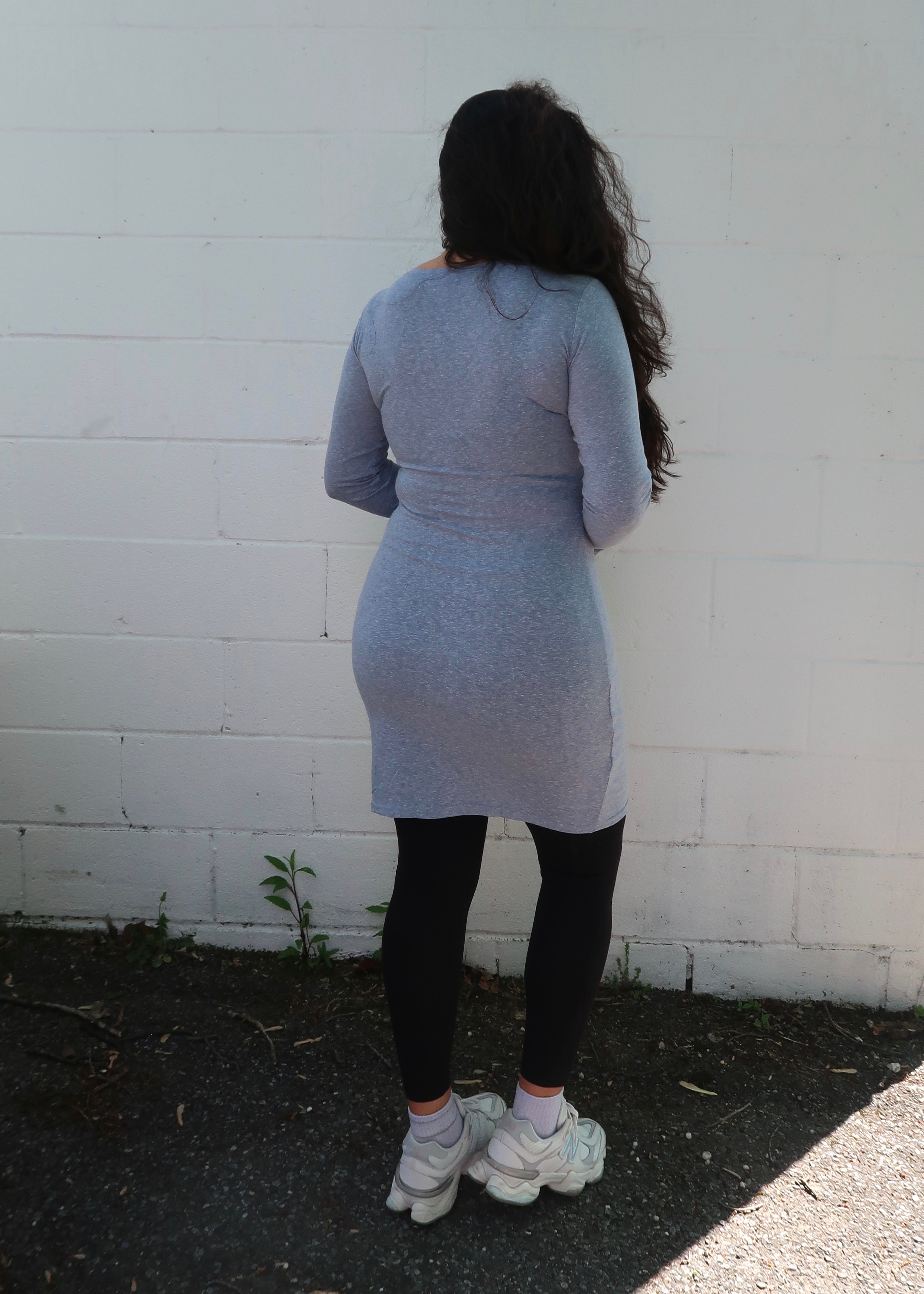 blue long sleeve top dress, ruched, asymmetrical hem, mini length