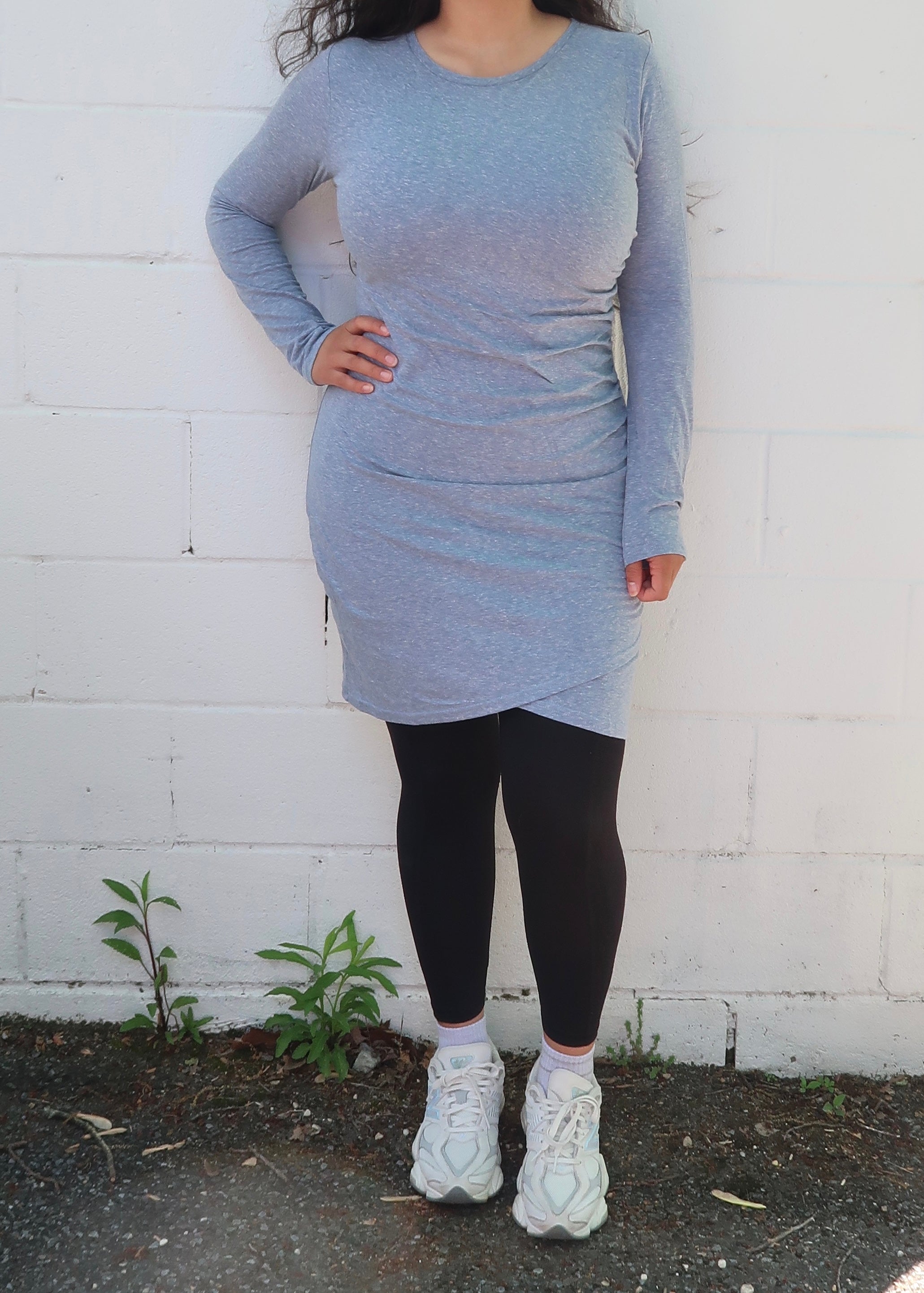 blue long sleeve top dress, ruched, asymmetrical hem, mini length