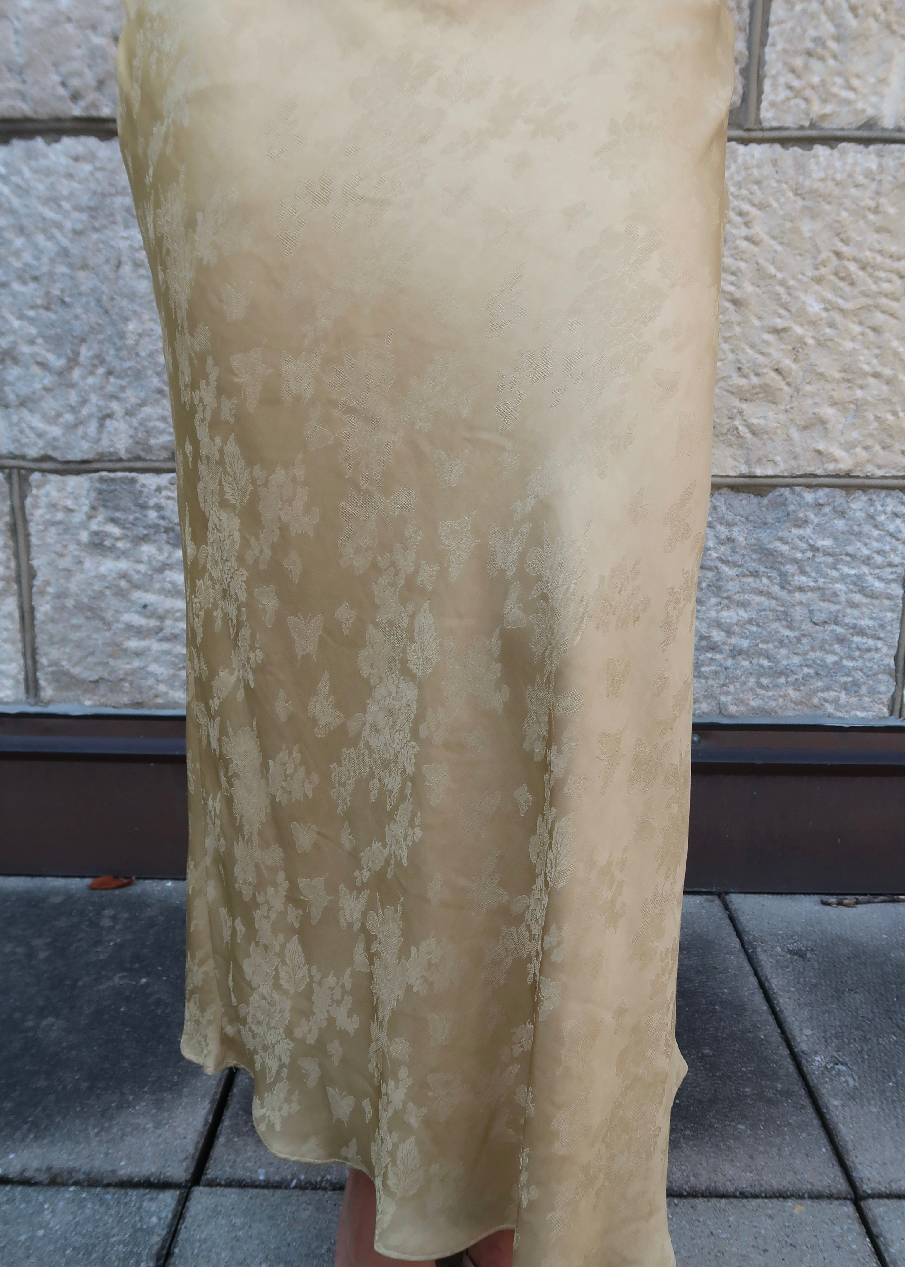 mustard maxi length jacquard print satin skirt