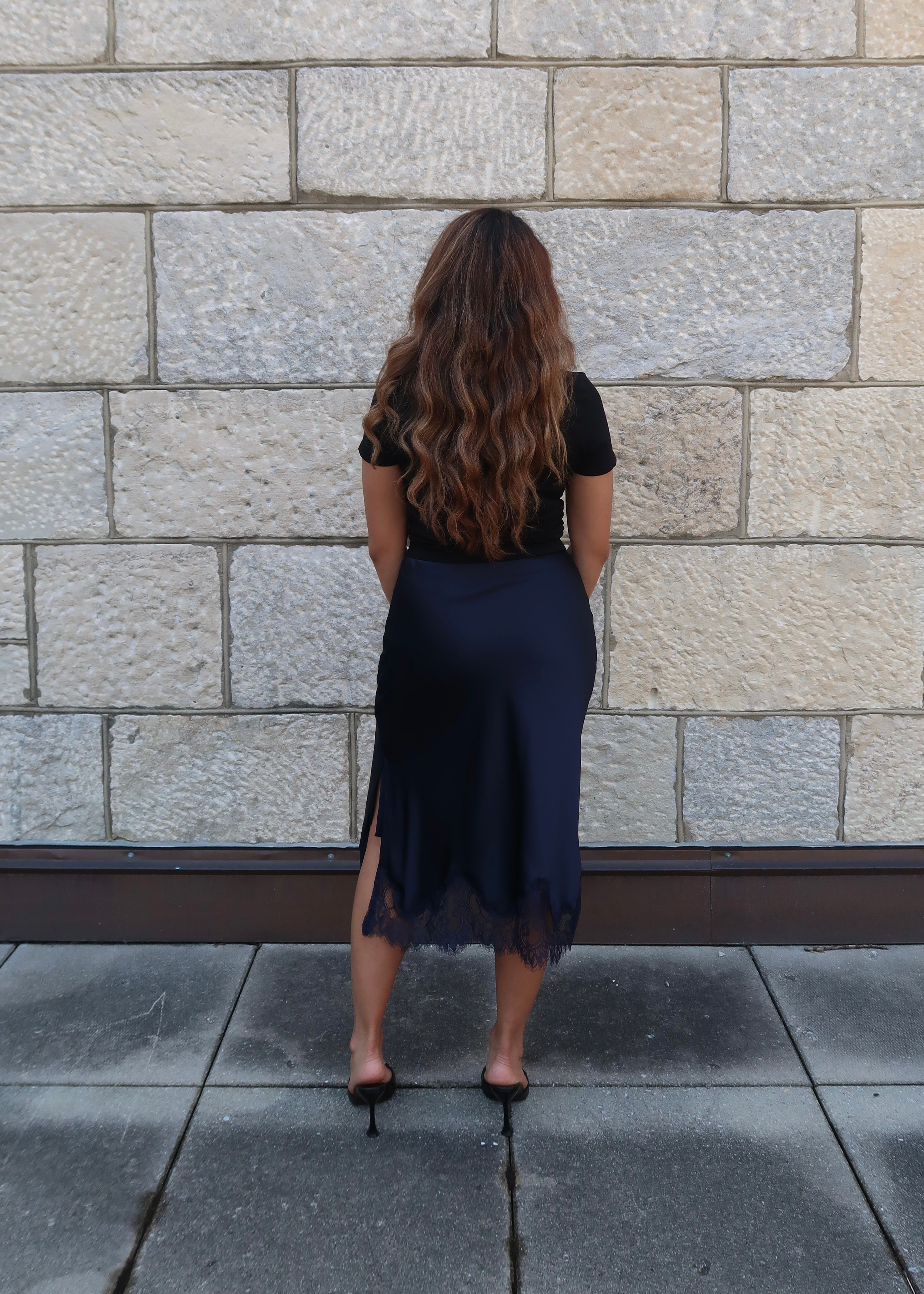navy blue lace satin skirt, side slit