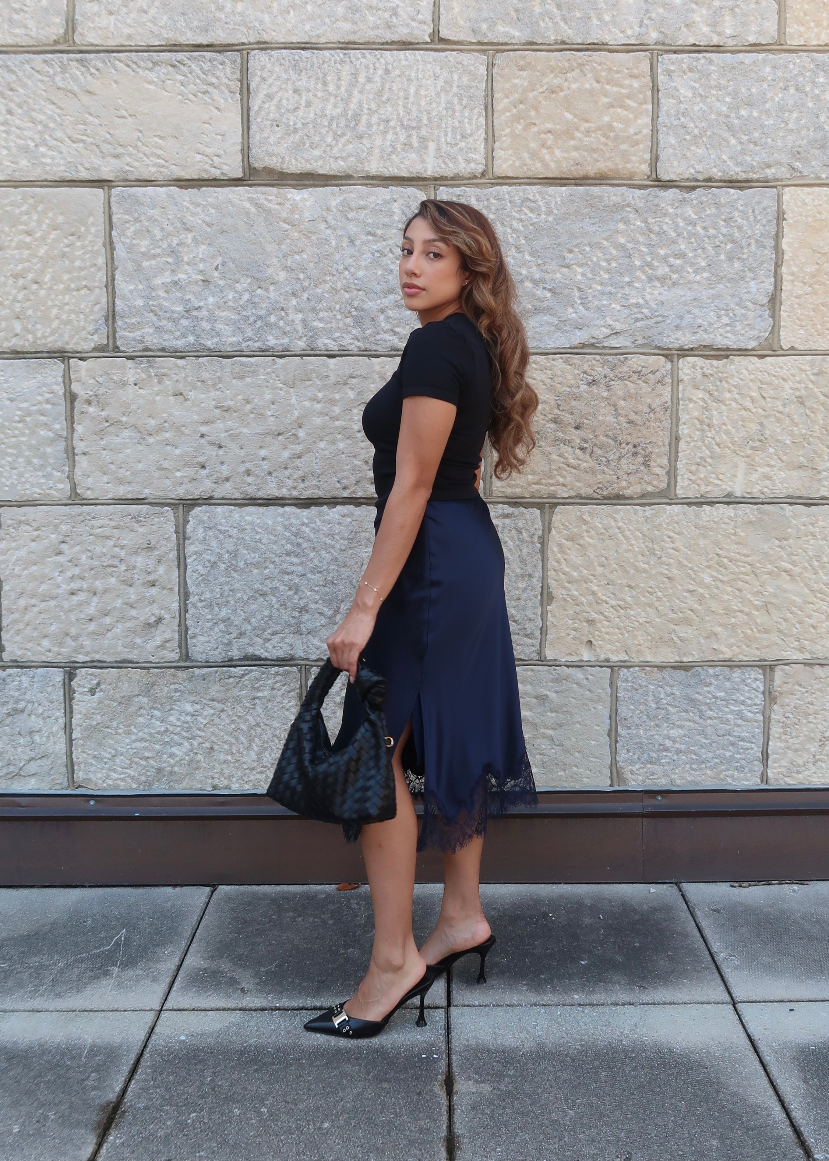 navy blue lace satin skirt, side slit