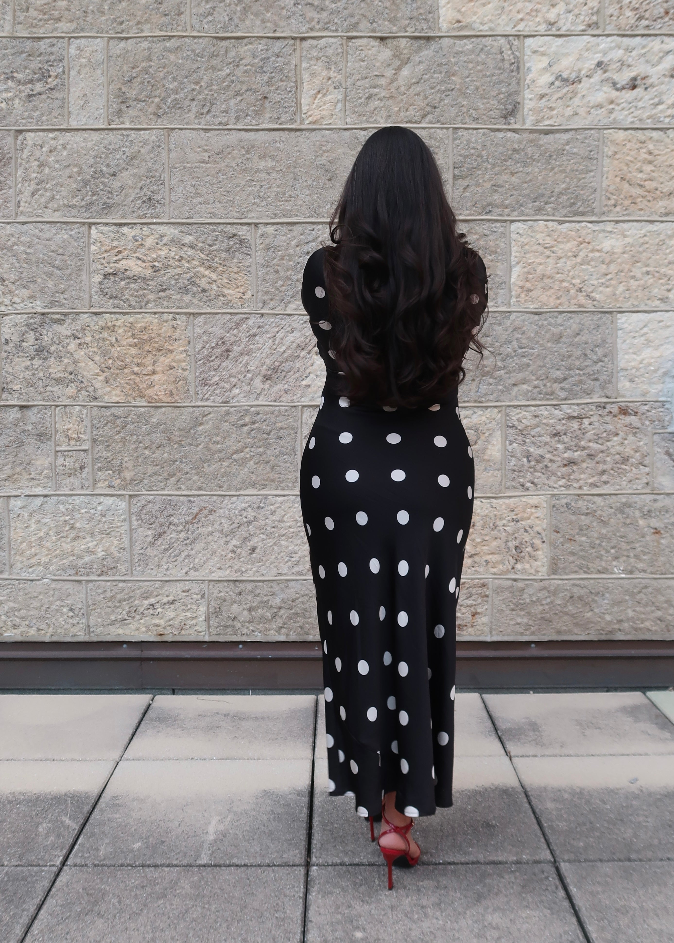 black polka dot maxi satin dress, long sleeve, flare sleeve