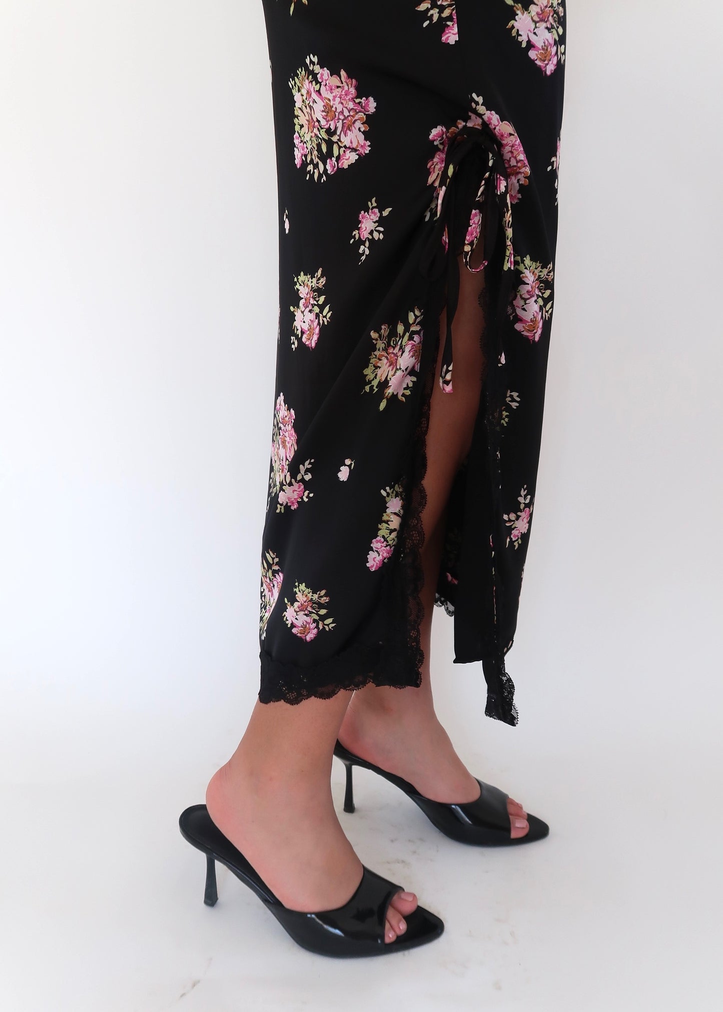 black pink floral lace maxi skirt