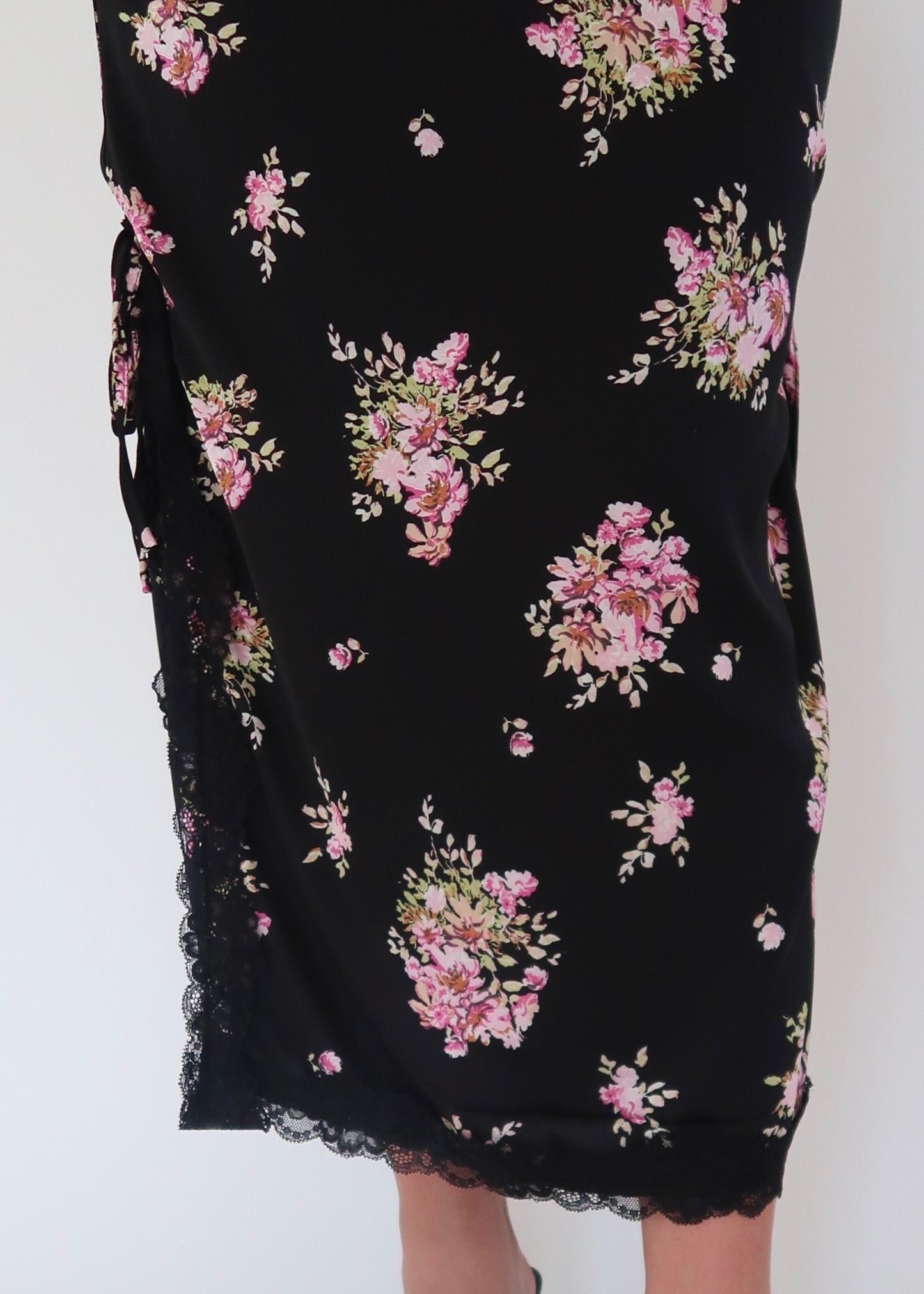 black pink floral lace maxi skirt