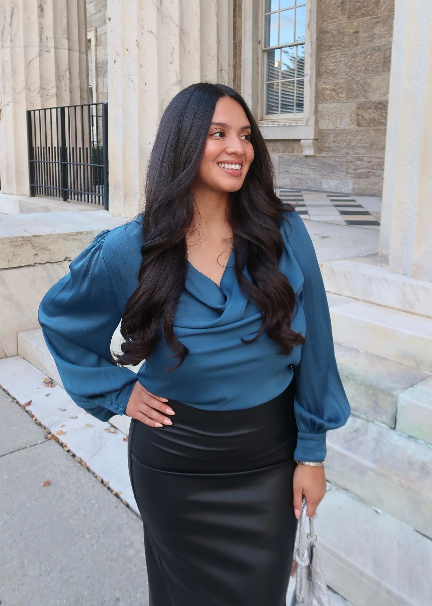 Teal satin blouse, ballon sleeve with cuffs, cowl neckline