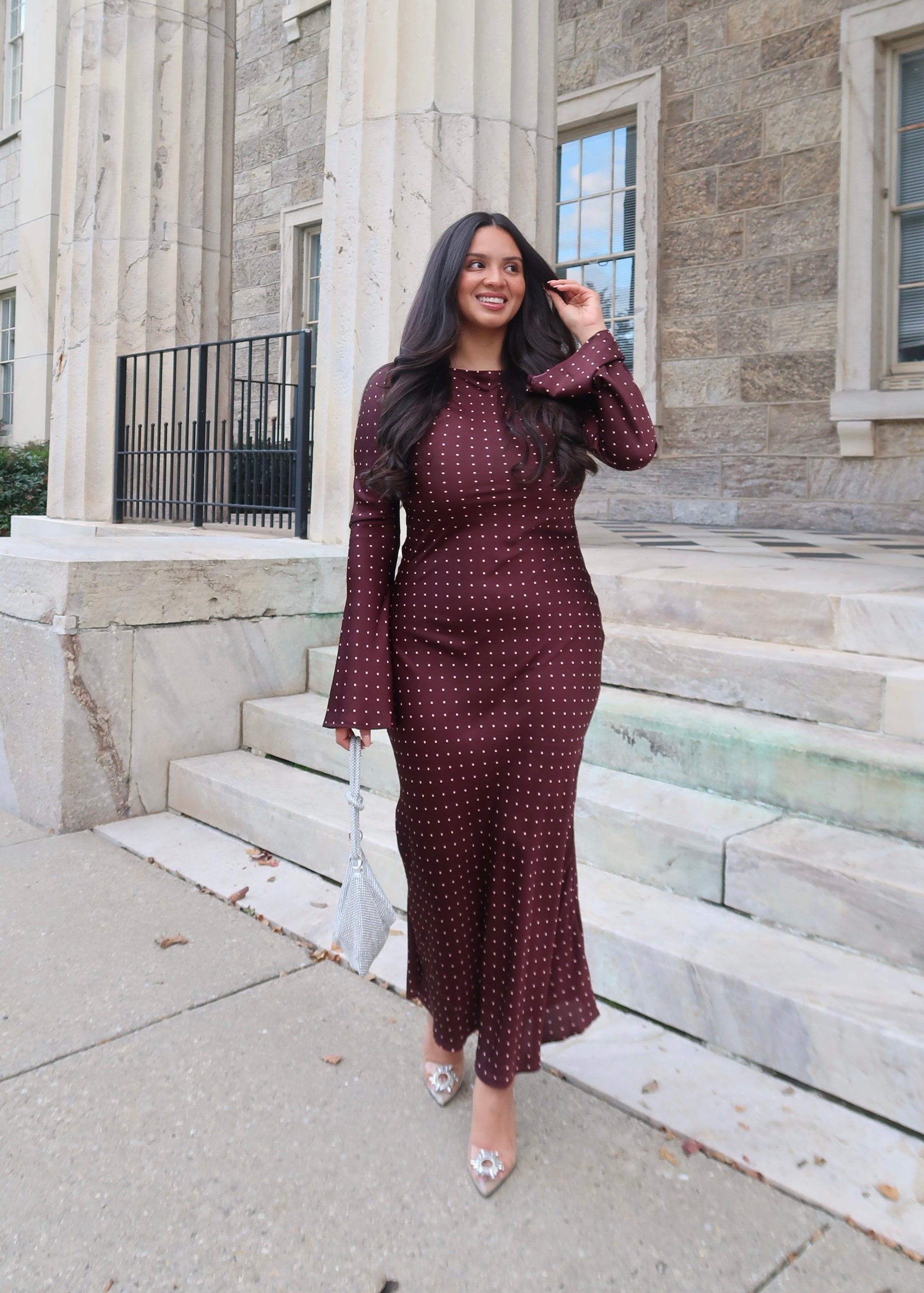 burgundy polka dot maxi dress, high neck, long sleeve, flare sleeve