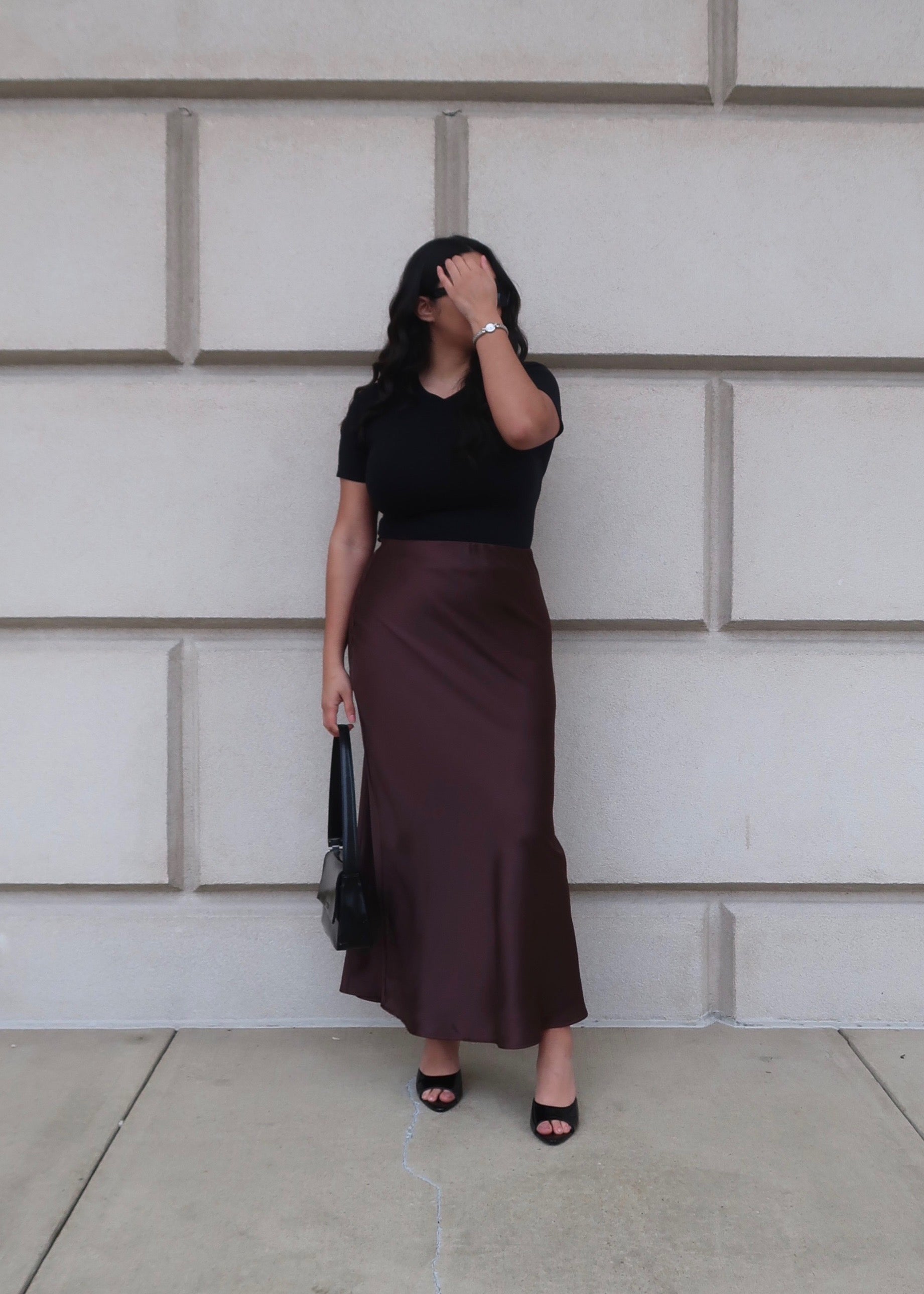 brown satin maxi skirt, dark brown
