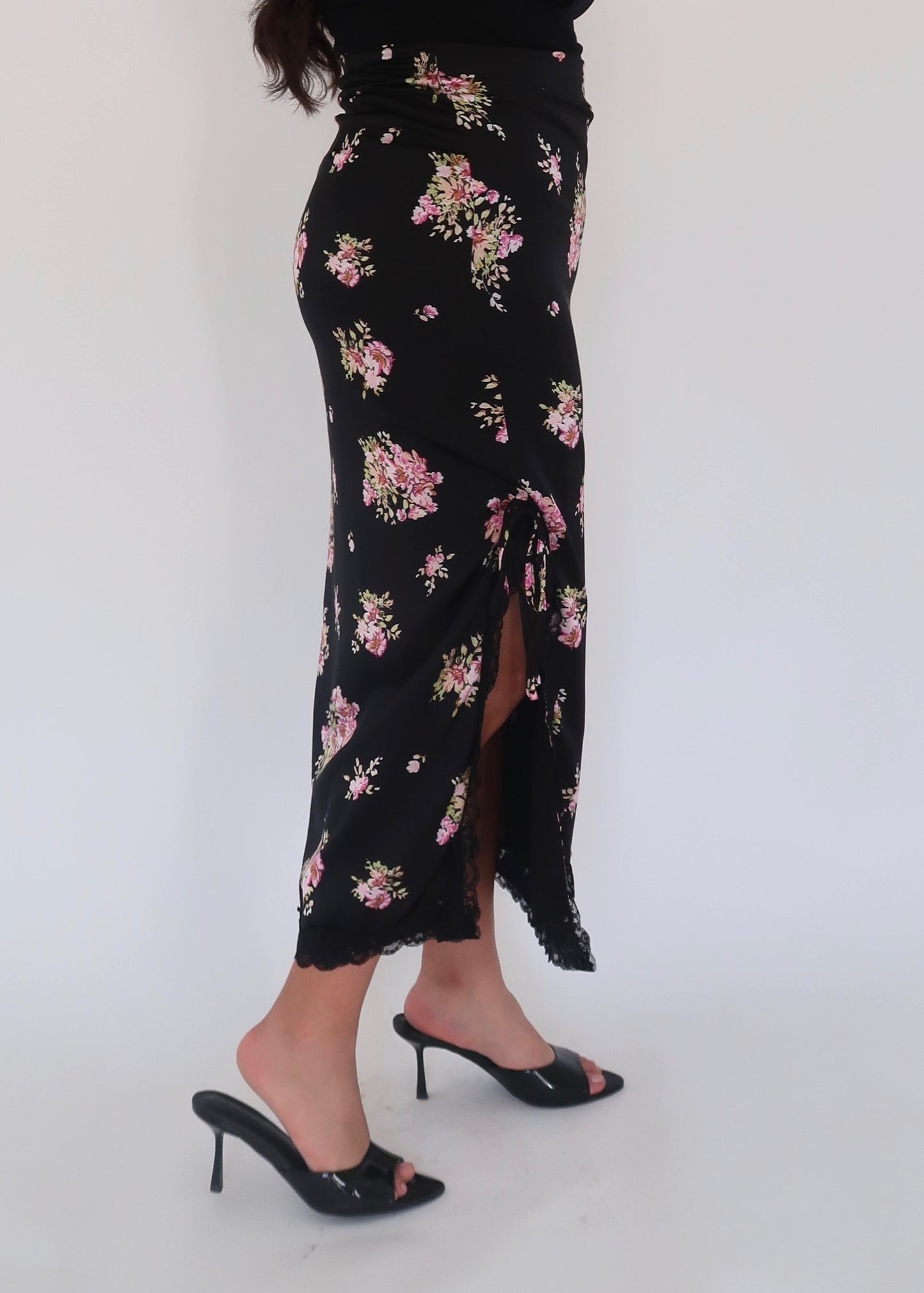 black pink floral lace maxi skirt