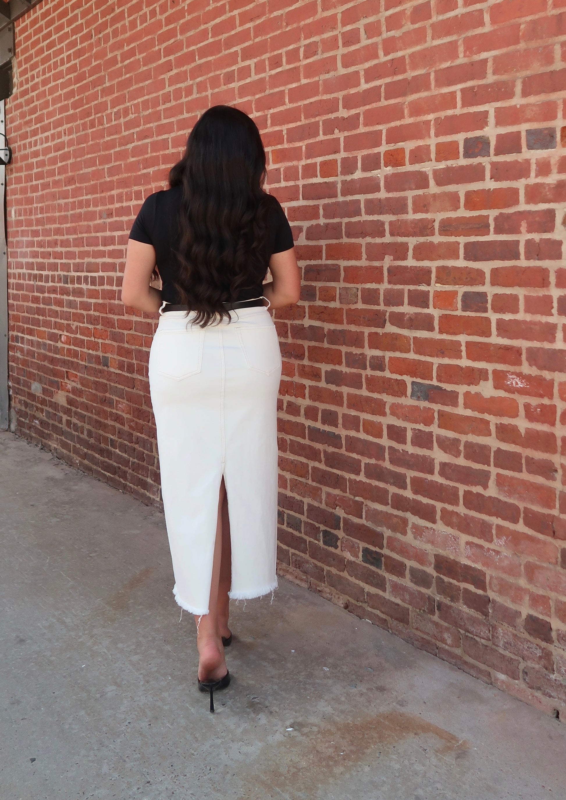 cream off white denim maxi skirt back slit hem