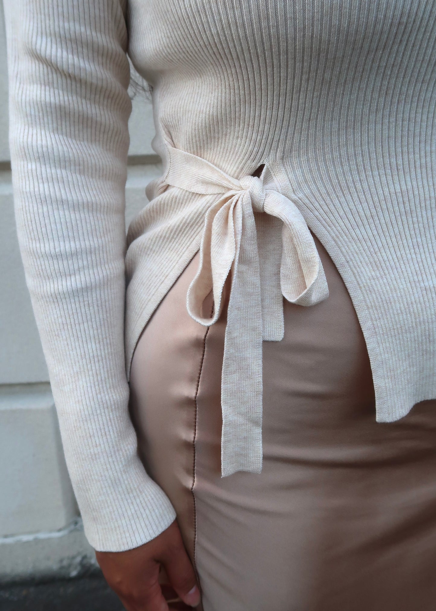 oatmeal ribbed long sleeve sweater blouse bow tie detail