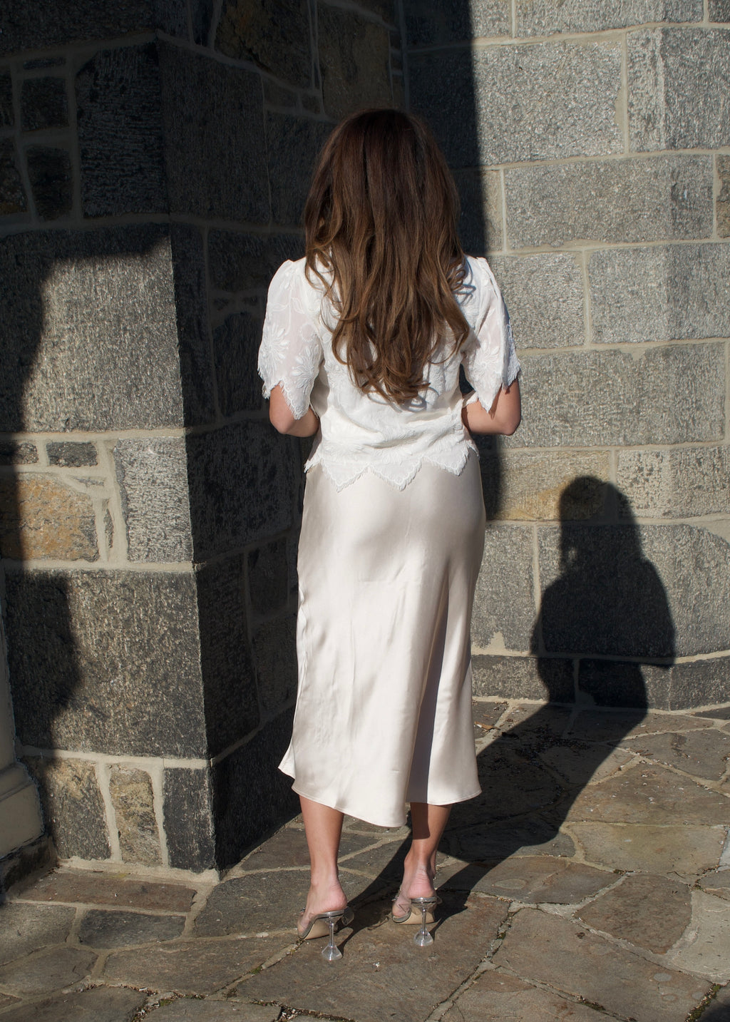 cream satin midi skirt, off white 