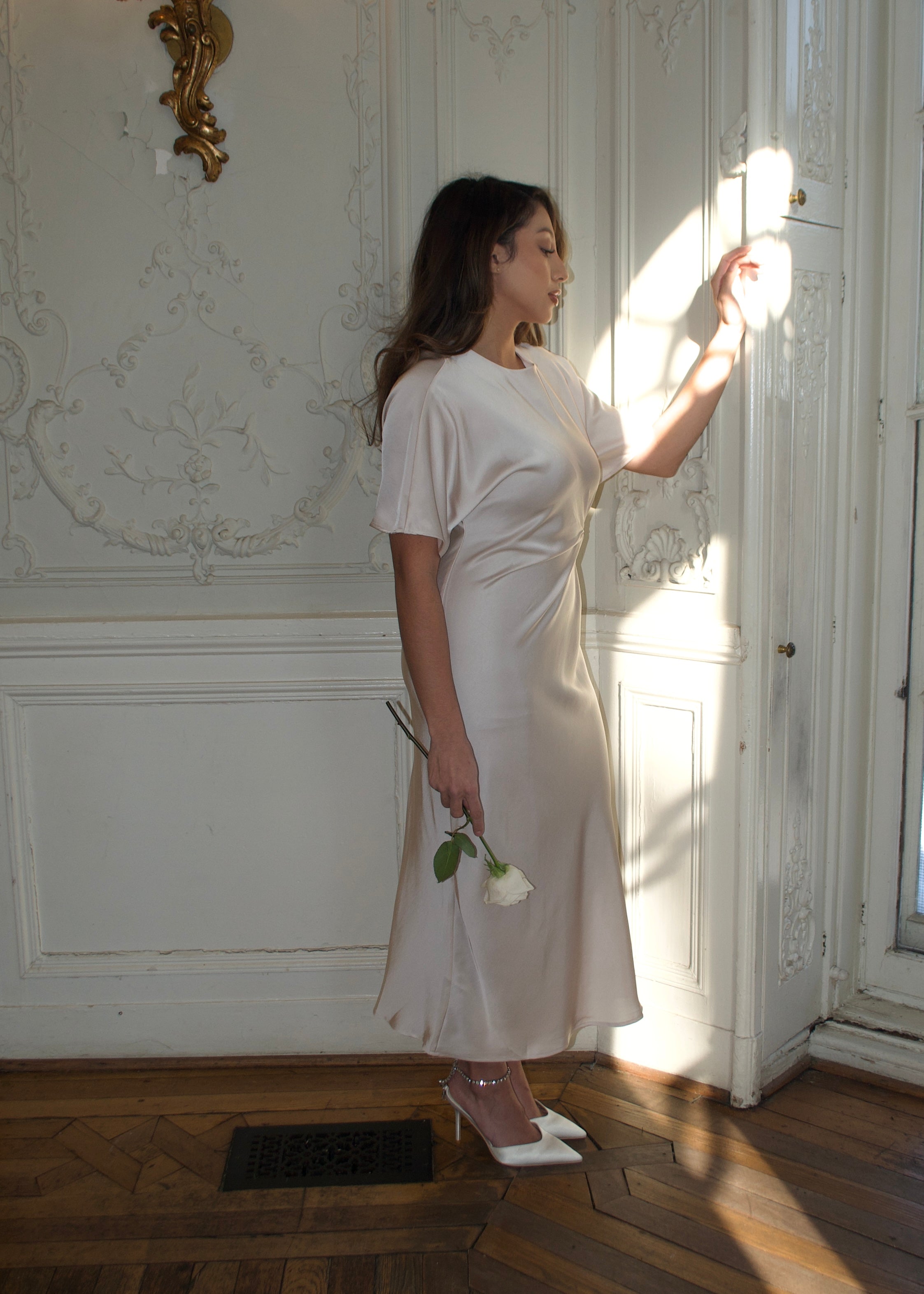 cream colored short sleeve maxi satin dress 