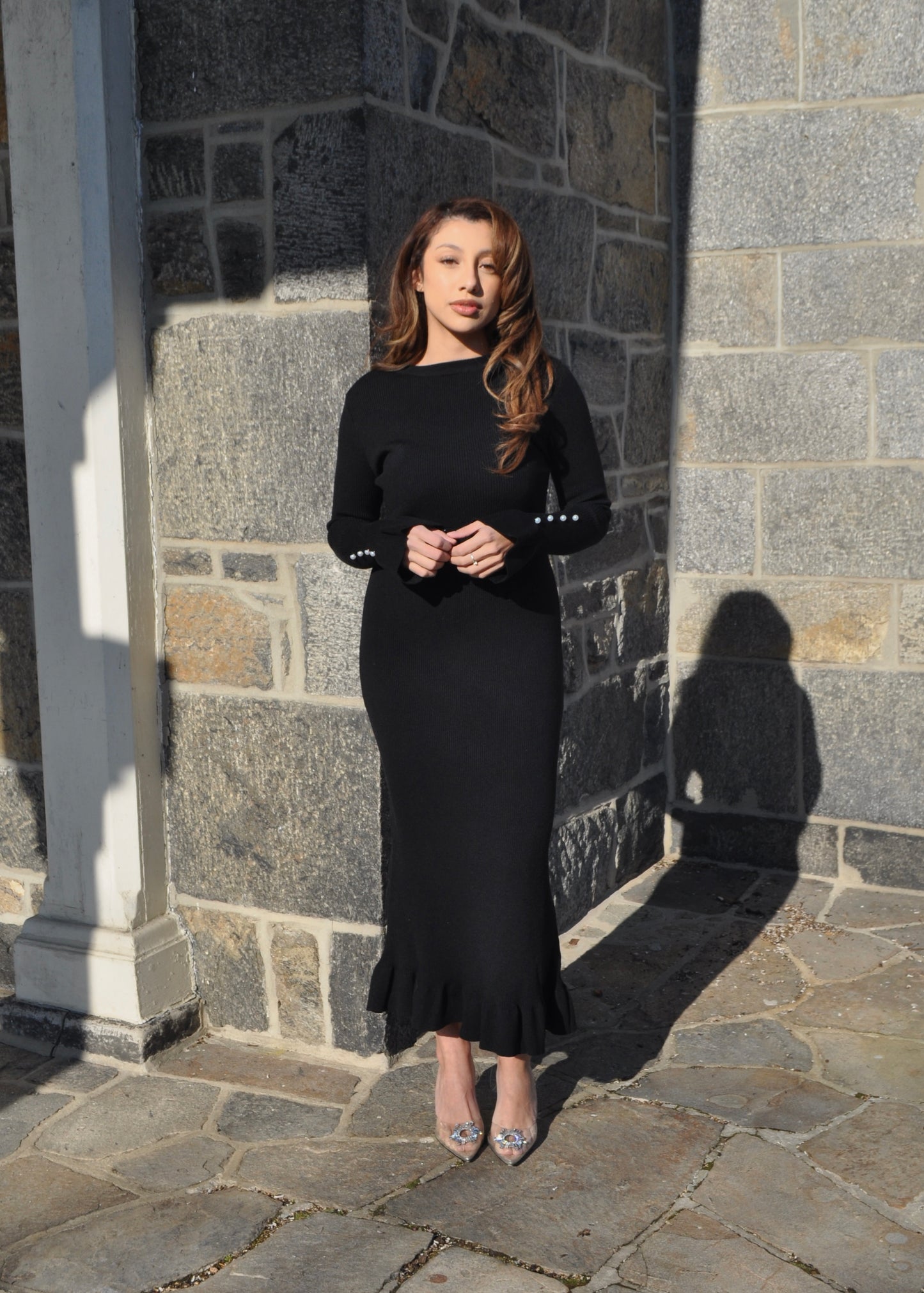 long sleeve ribbed maxi black dress