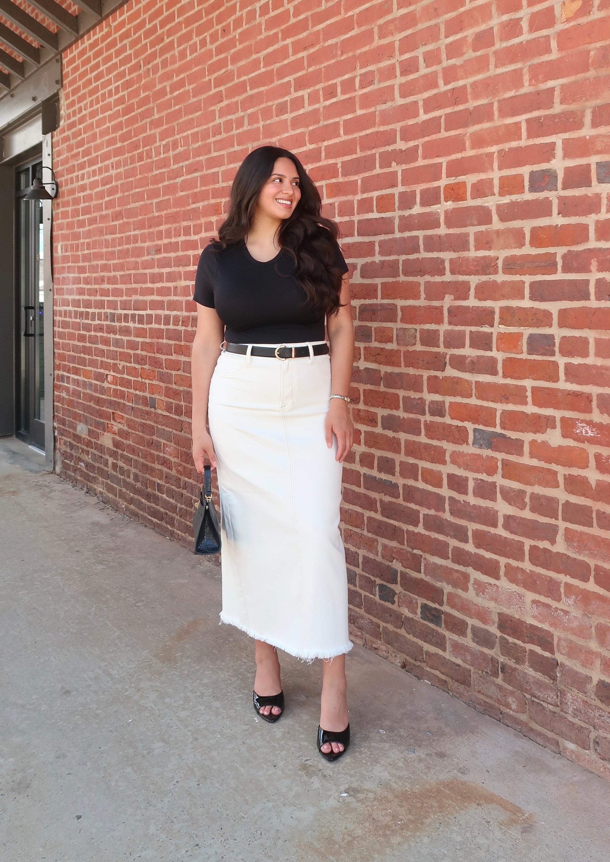 cream off white denim maxi skirt back slit hem