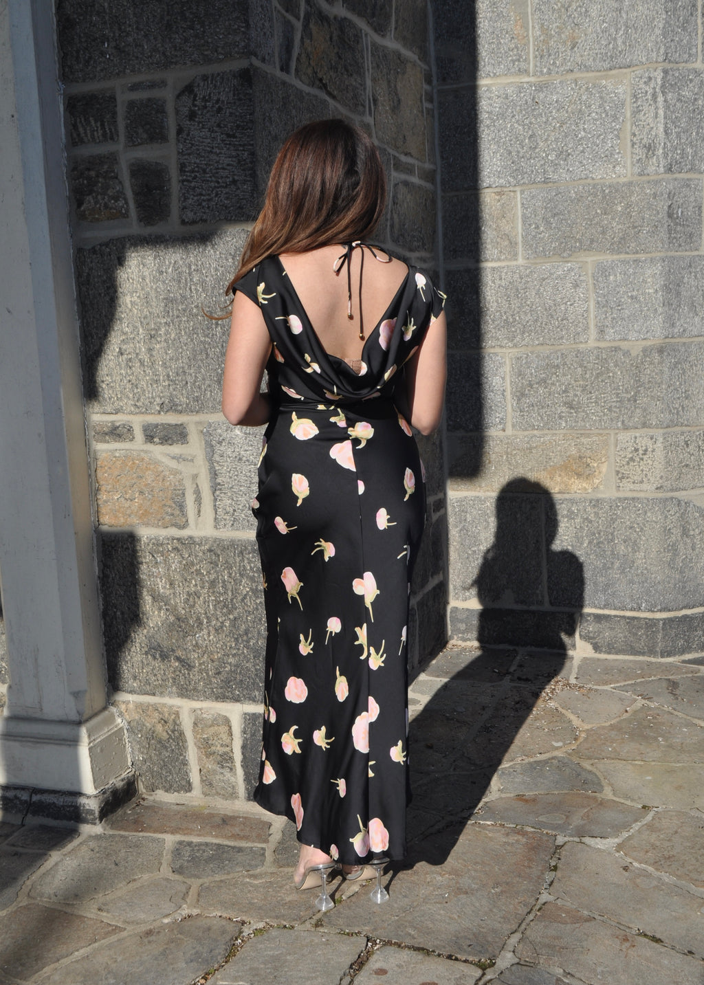 black and pink floral maxi satin dress, short sleeve, tie in the back, open back cowl neckline