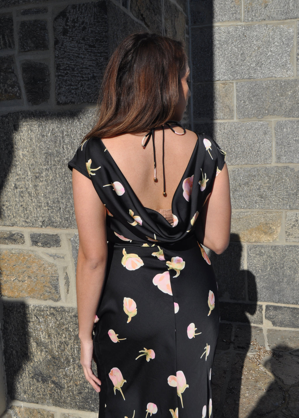 black and pink floral maxi satin dress, short sleeve, tie in the back, open back cowl neckline